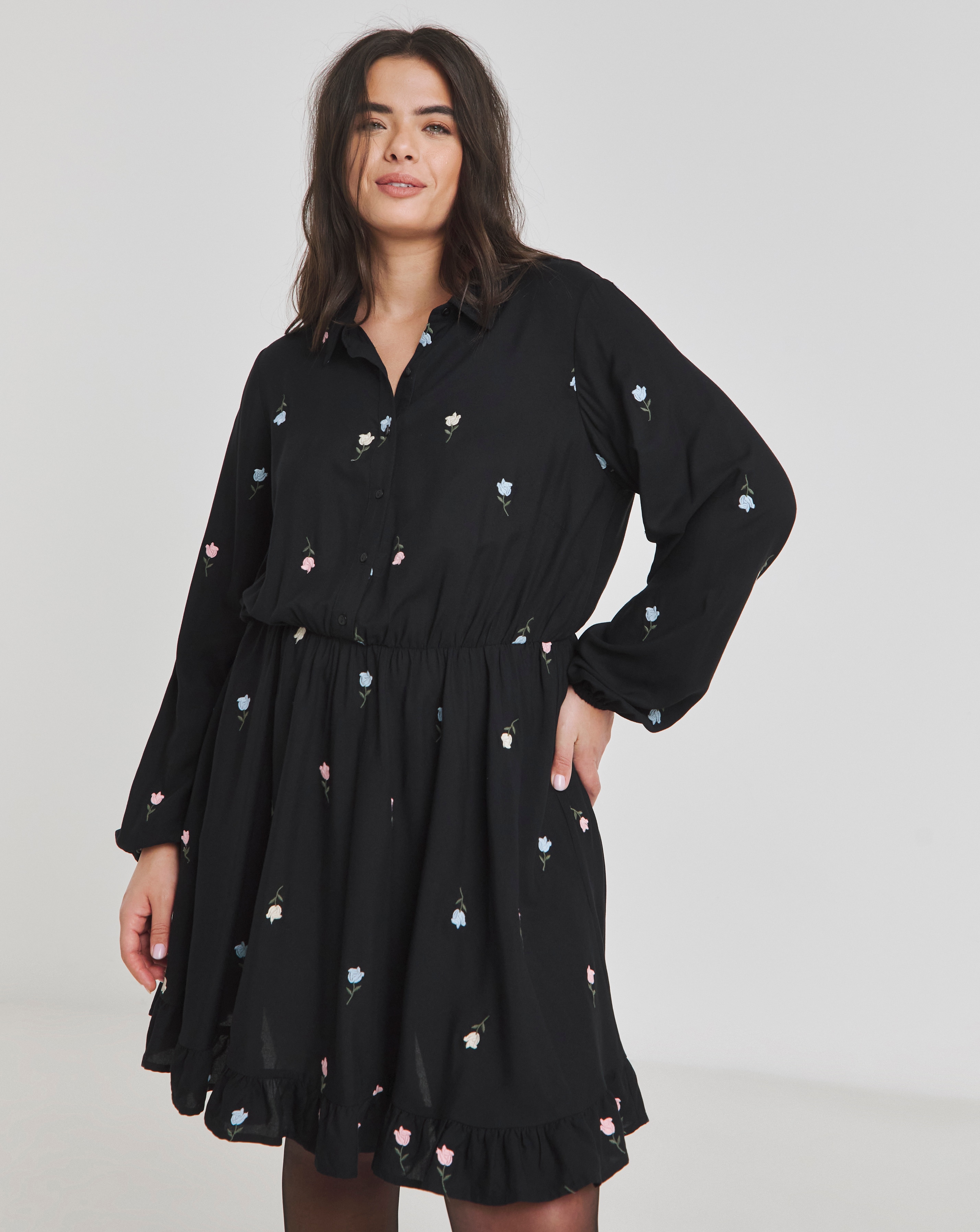 Black Floral Embroidered Shirt Dress
