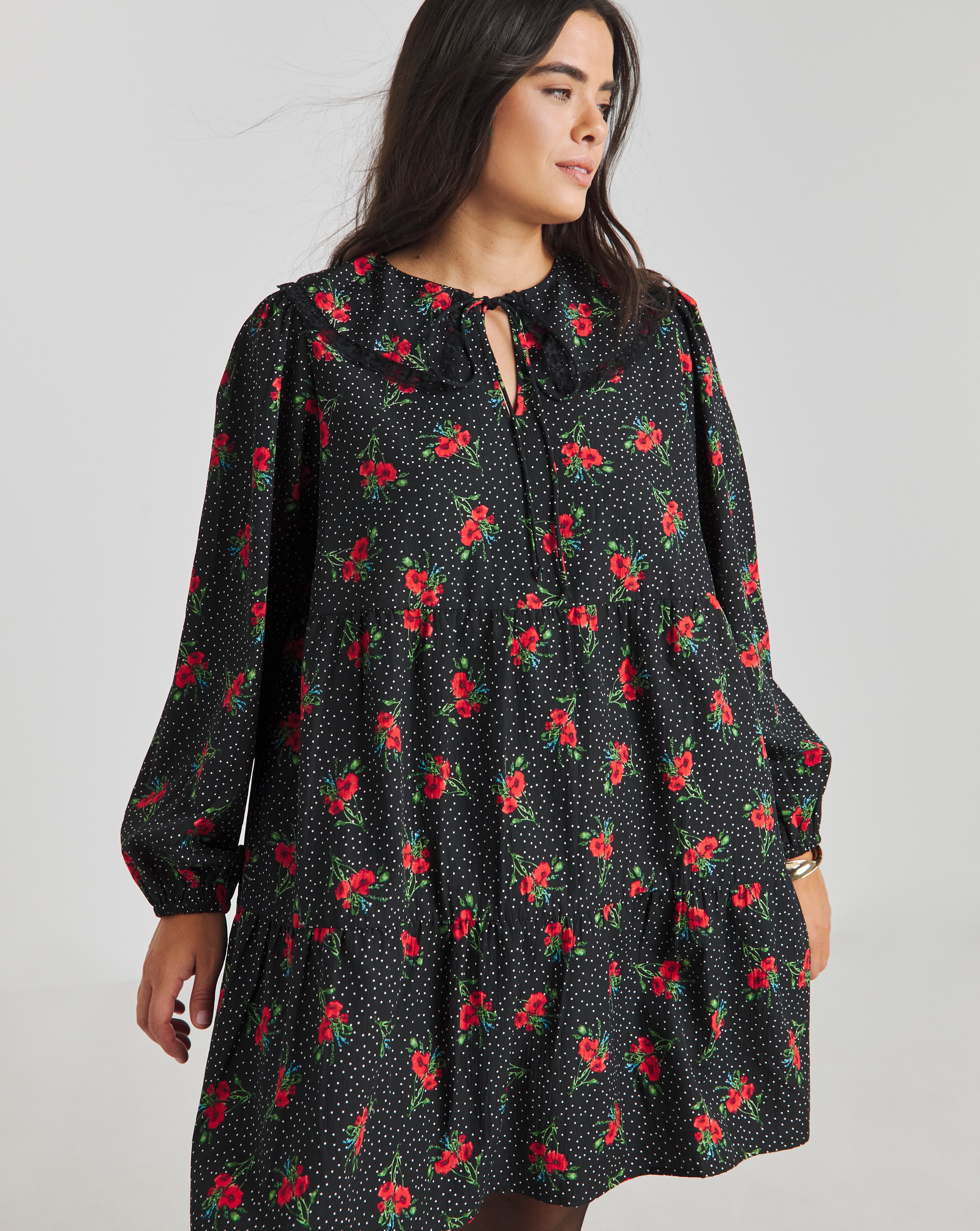 Ditsy Print Lace Trim Smock Dress
