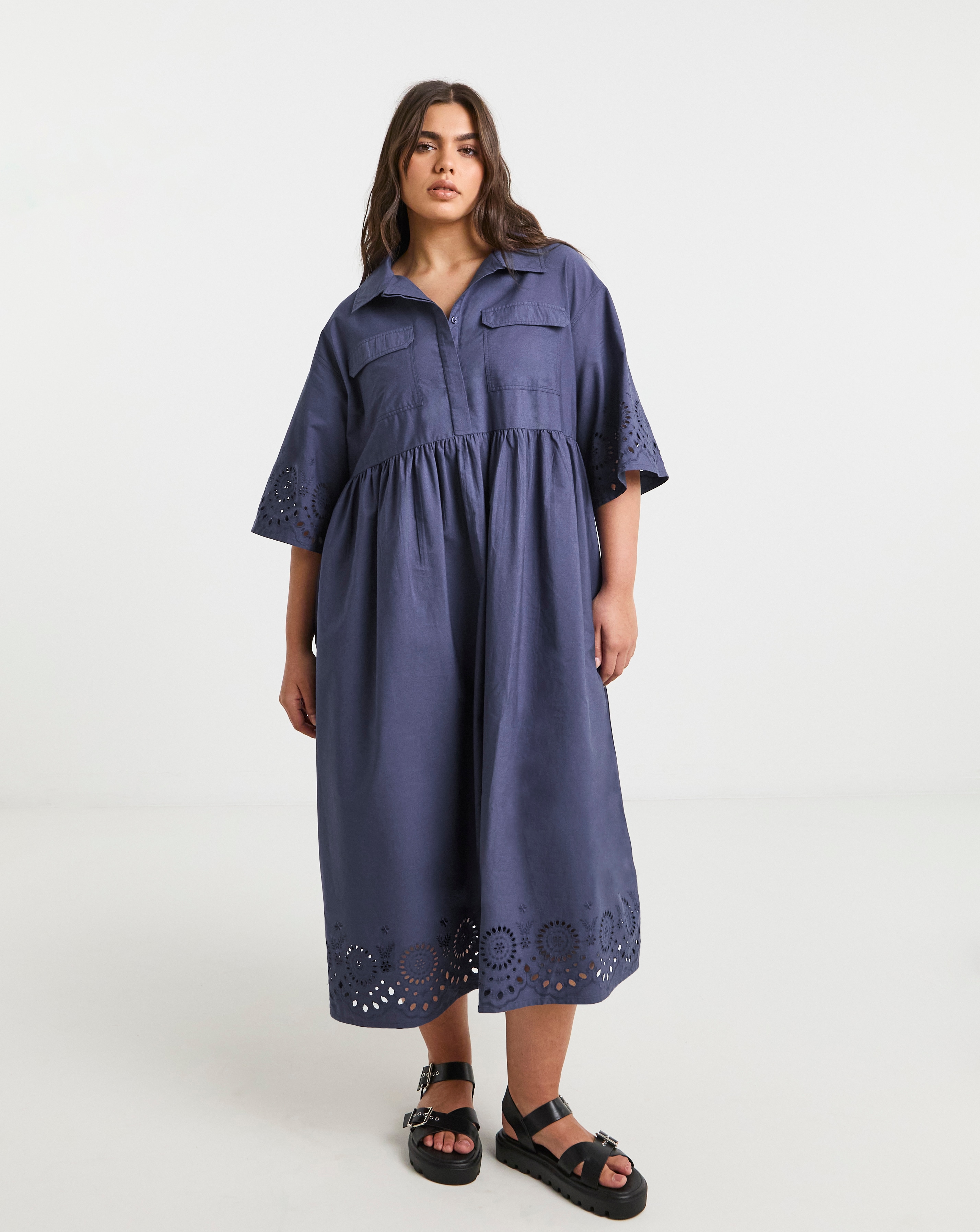 Blue Broderie Detail Shirt Dress