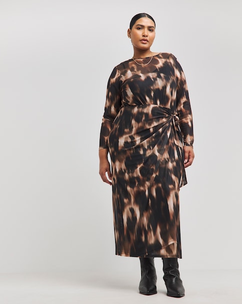 Wrap Front Mesh Midi Dress