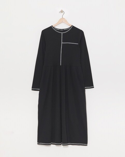 Black Ribbed Contrast Seam Midi Dress