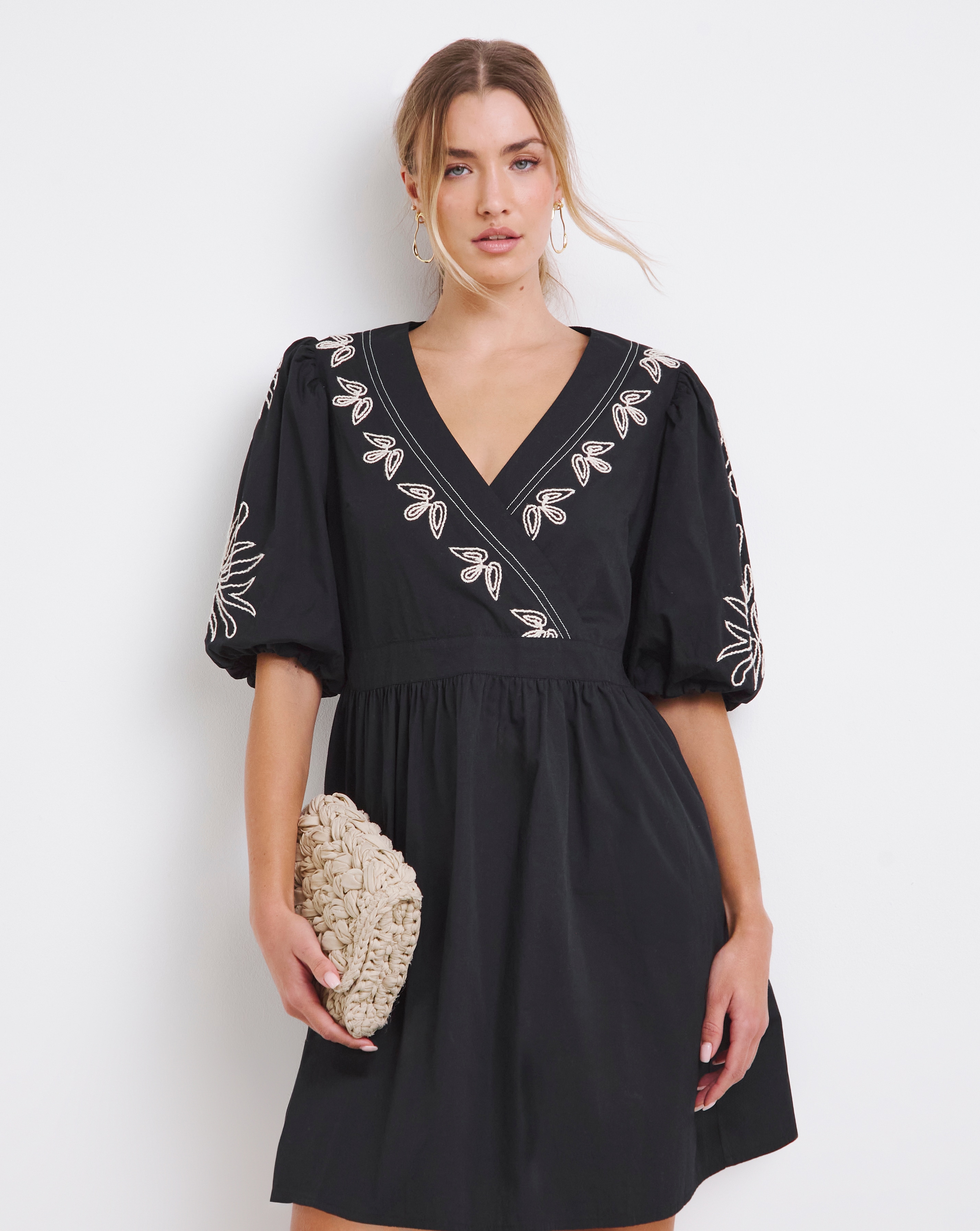Black Embroidered Poplin Dress