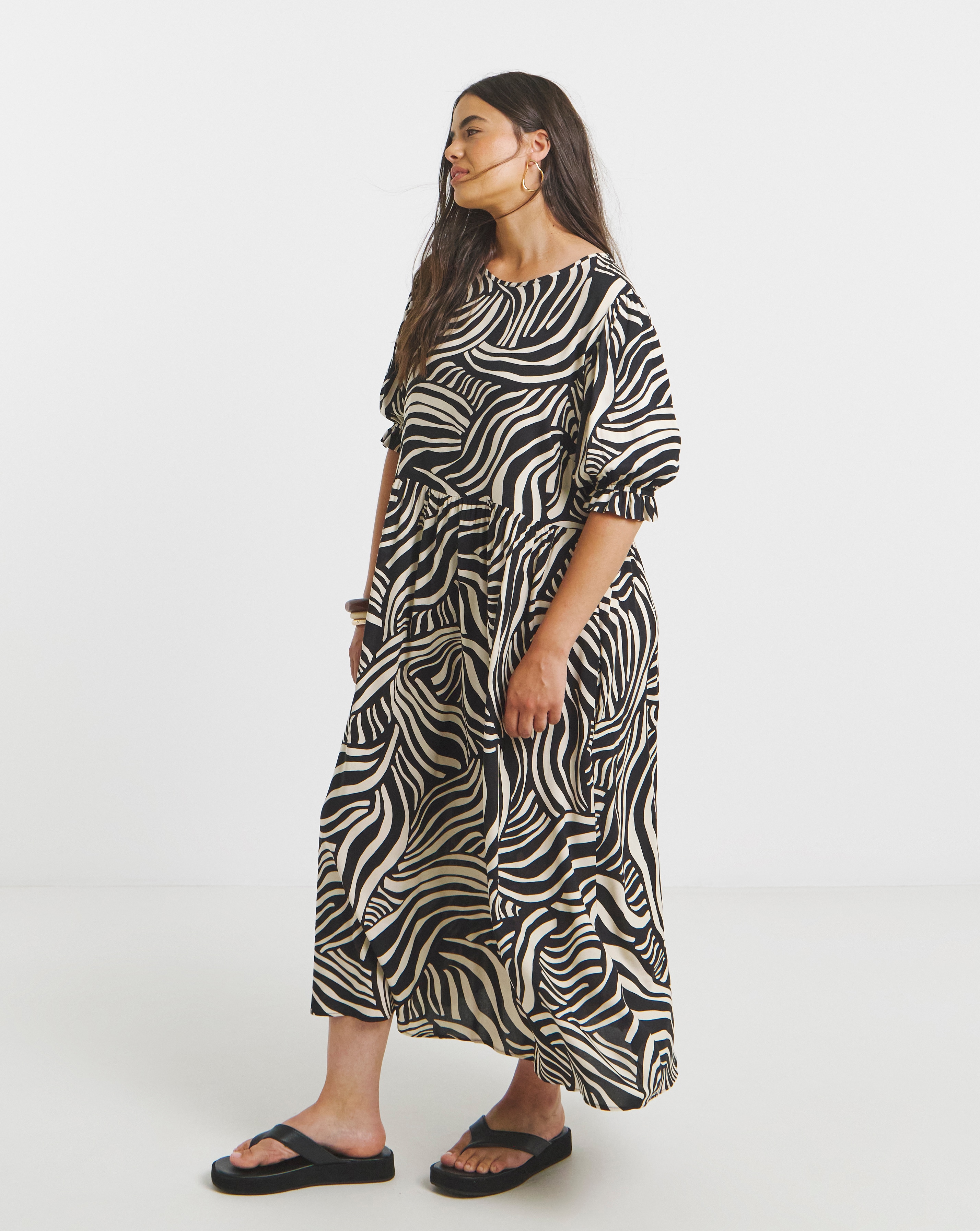 Mono Zebra Print Spun Viscose Midi Dress