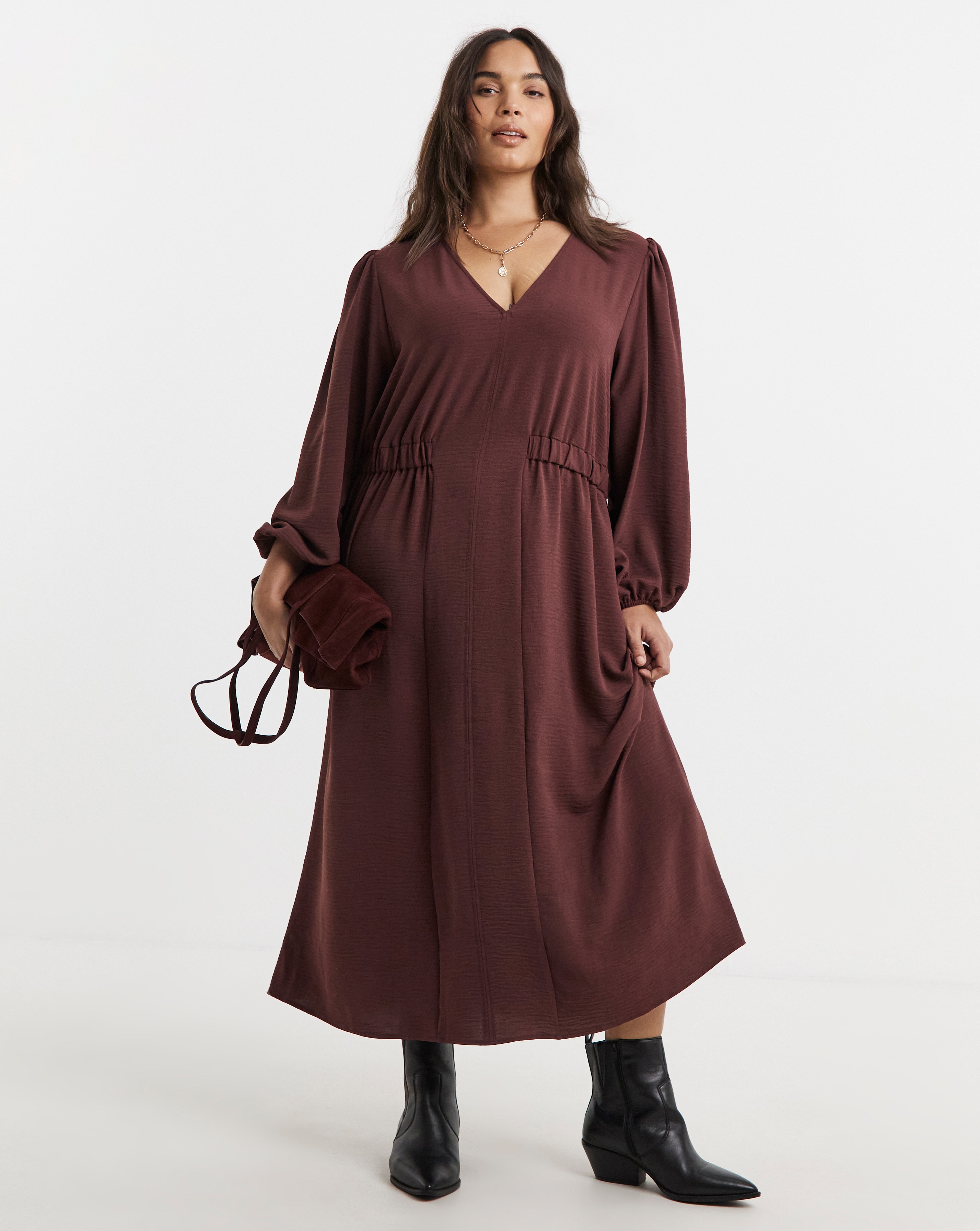 Burgundy Cinched Waist Midi Dress