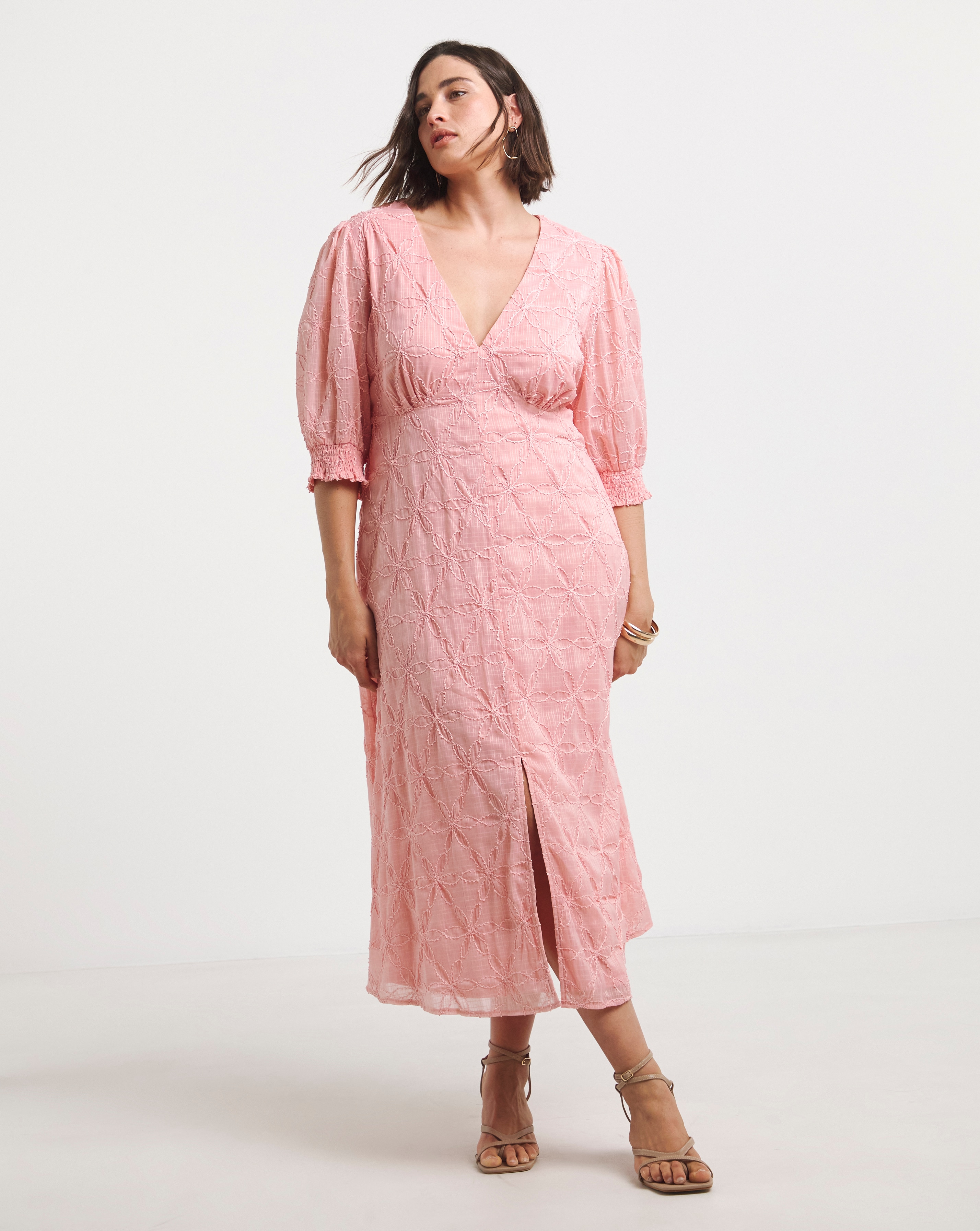 Pink Embroidered Floral Button Up Midi D