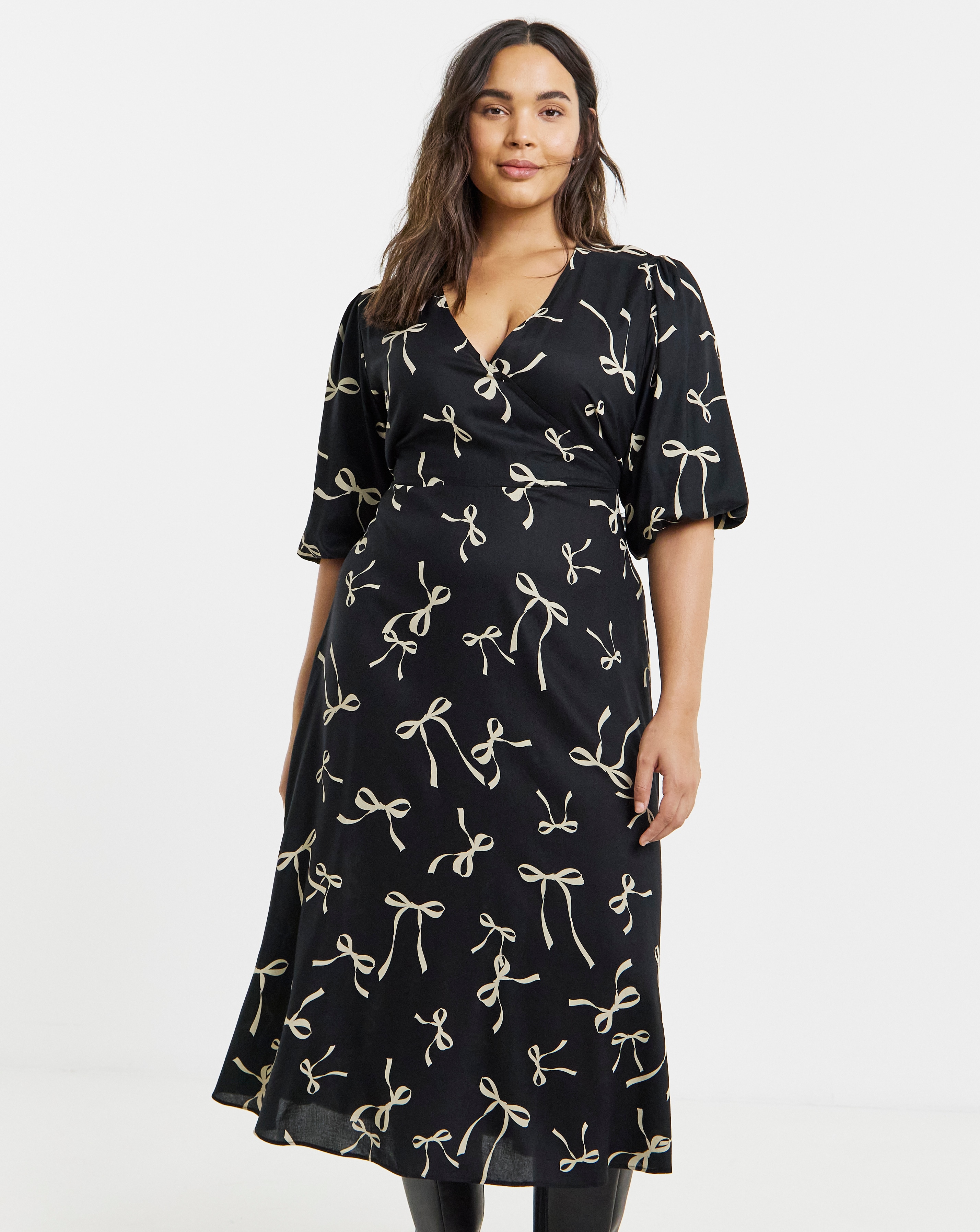 Bow Print Viscose Wrap Midi Dress