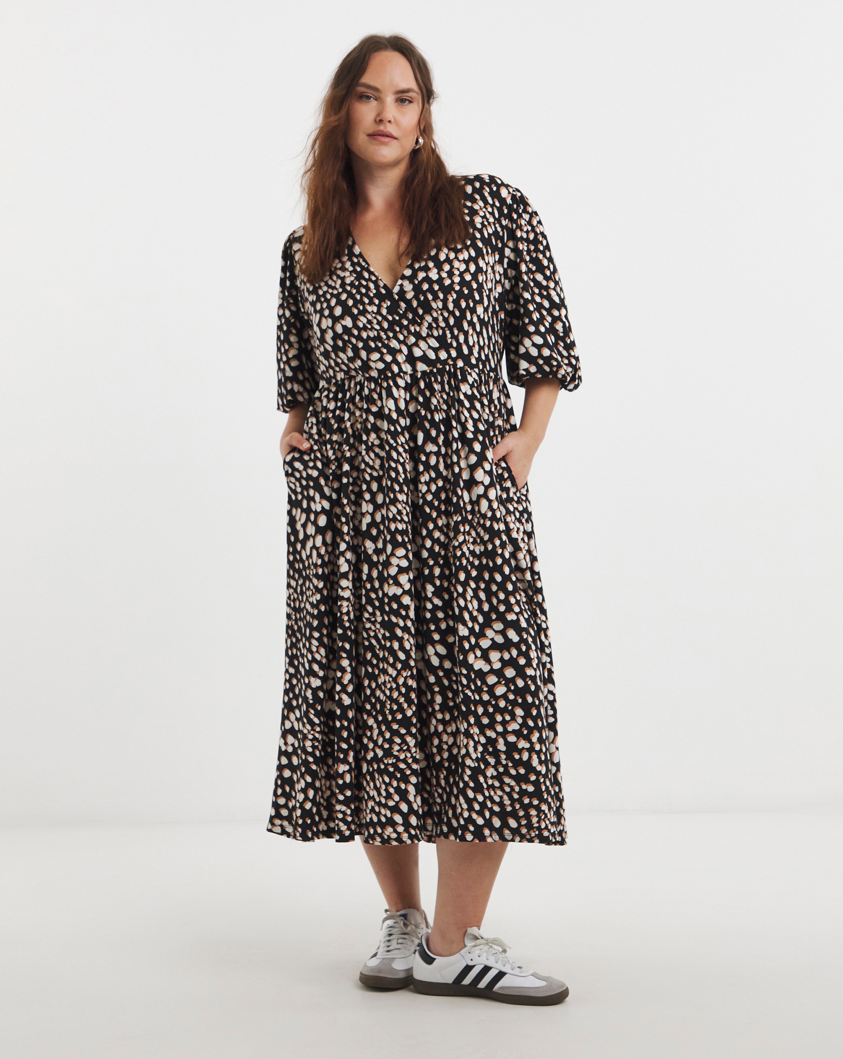 Black Print Supersoft Wrap Midi Dress