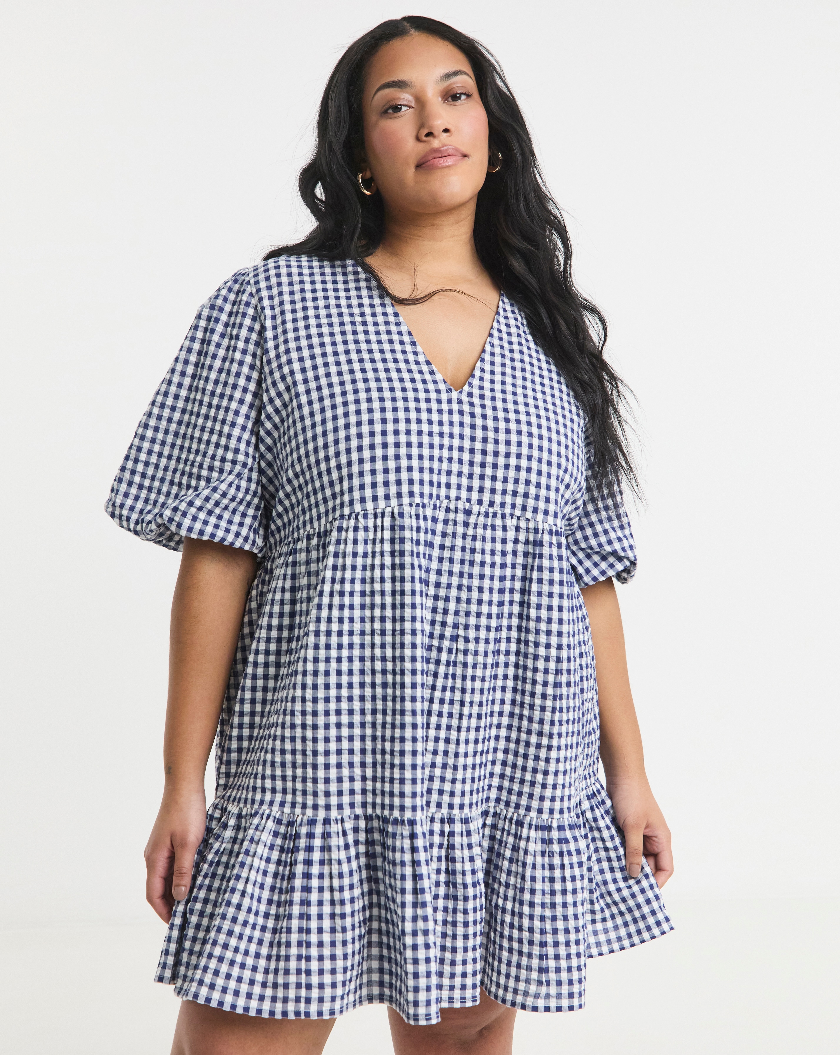 Navy Gingham Smock Dress