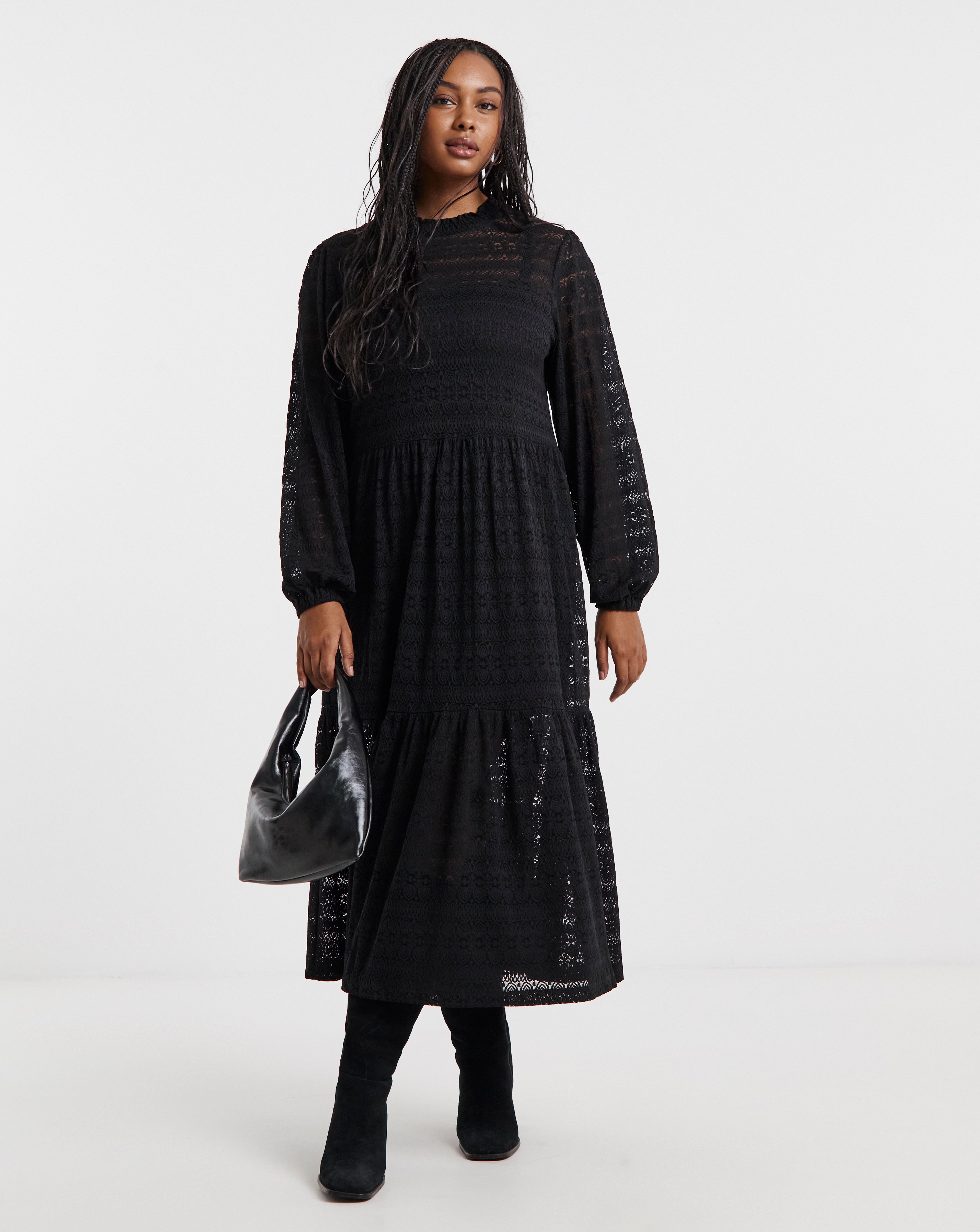 Black Tiered Lace Midi Dress