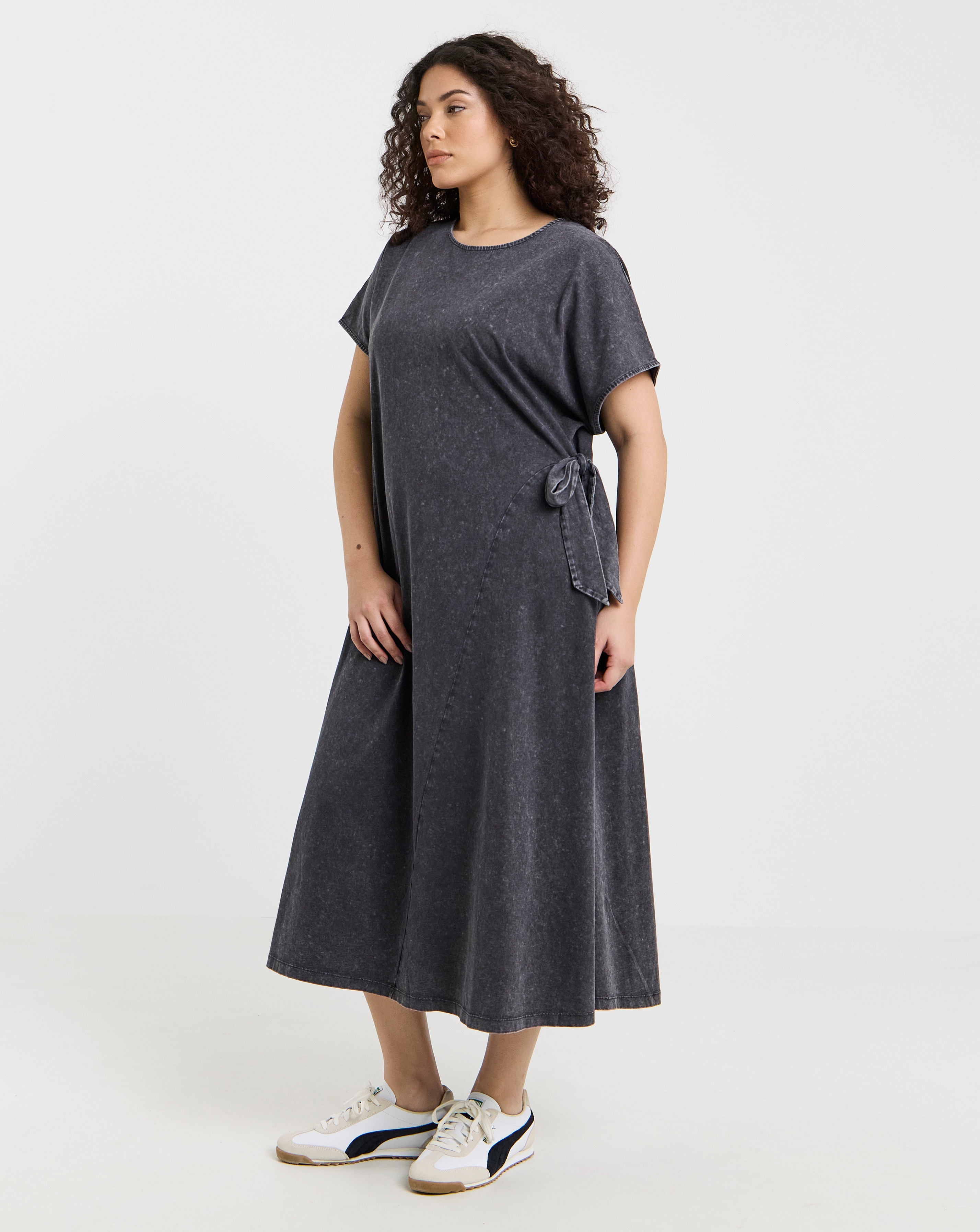 Grey Acid Wash Tie Side Midi Dress