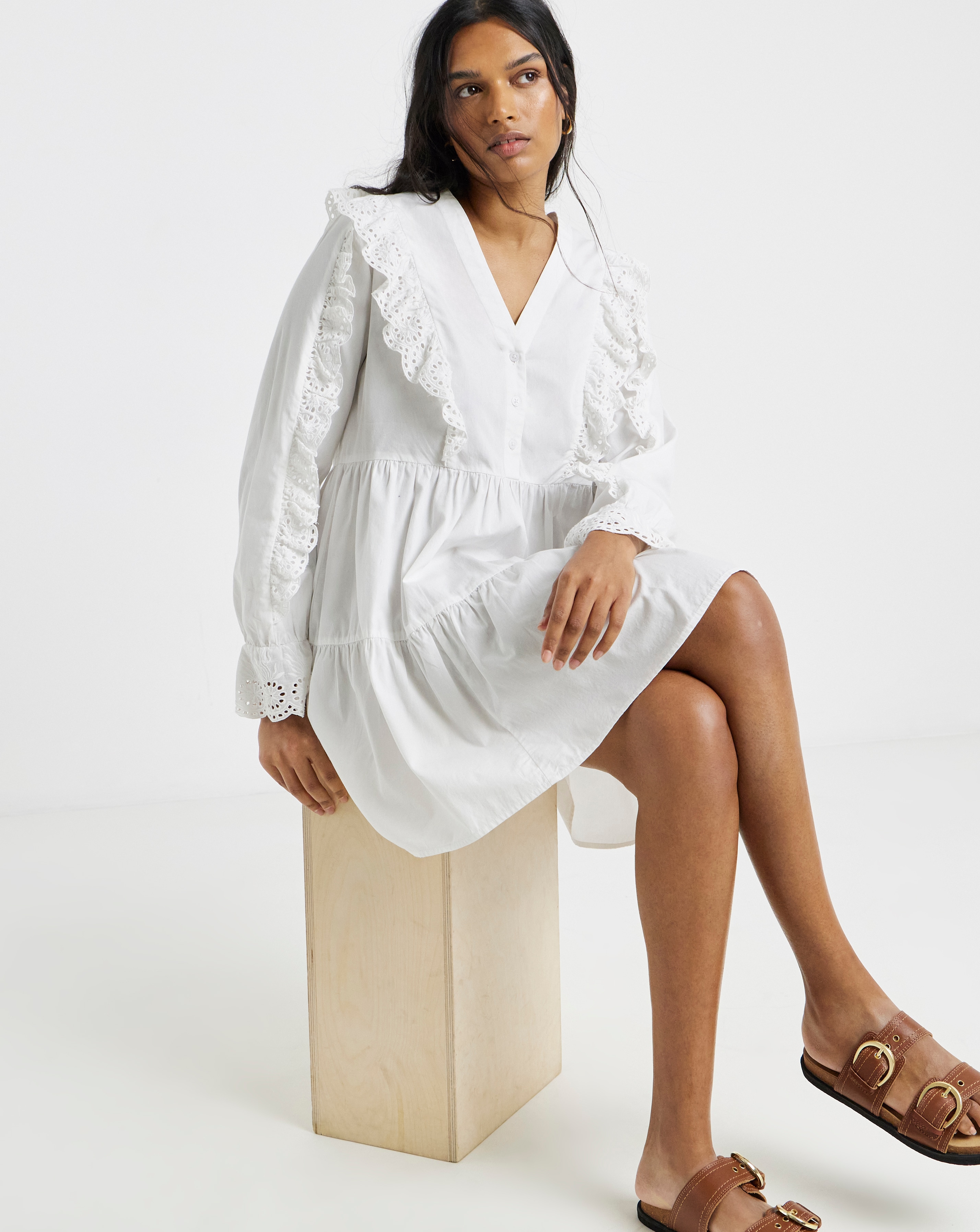 New In - White Cotton Broderie Shirt Dress