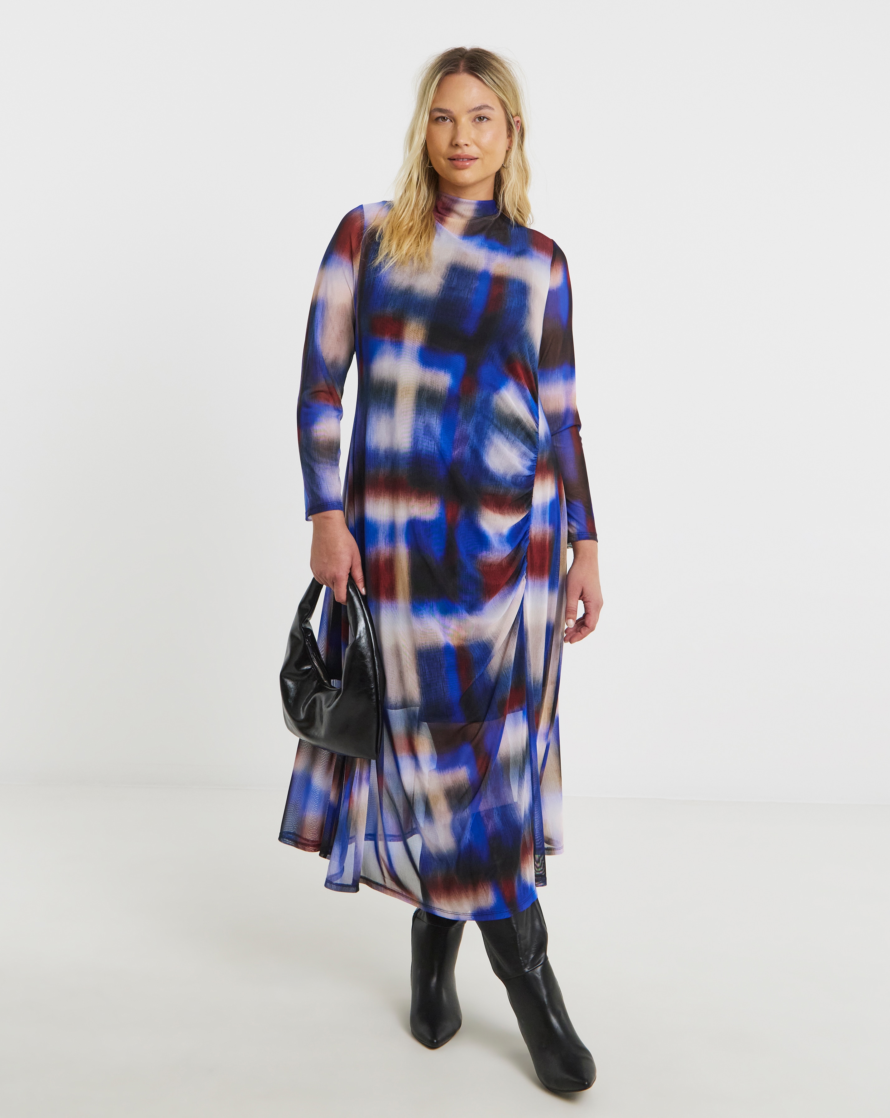 Ruched Mesh Midi Dress