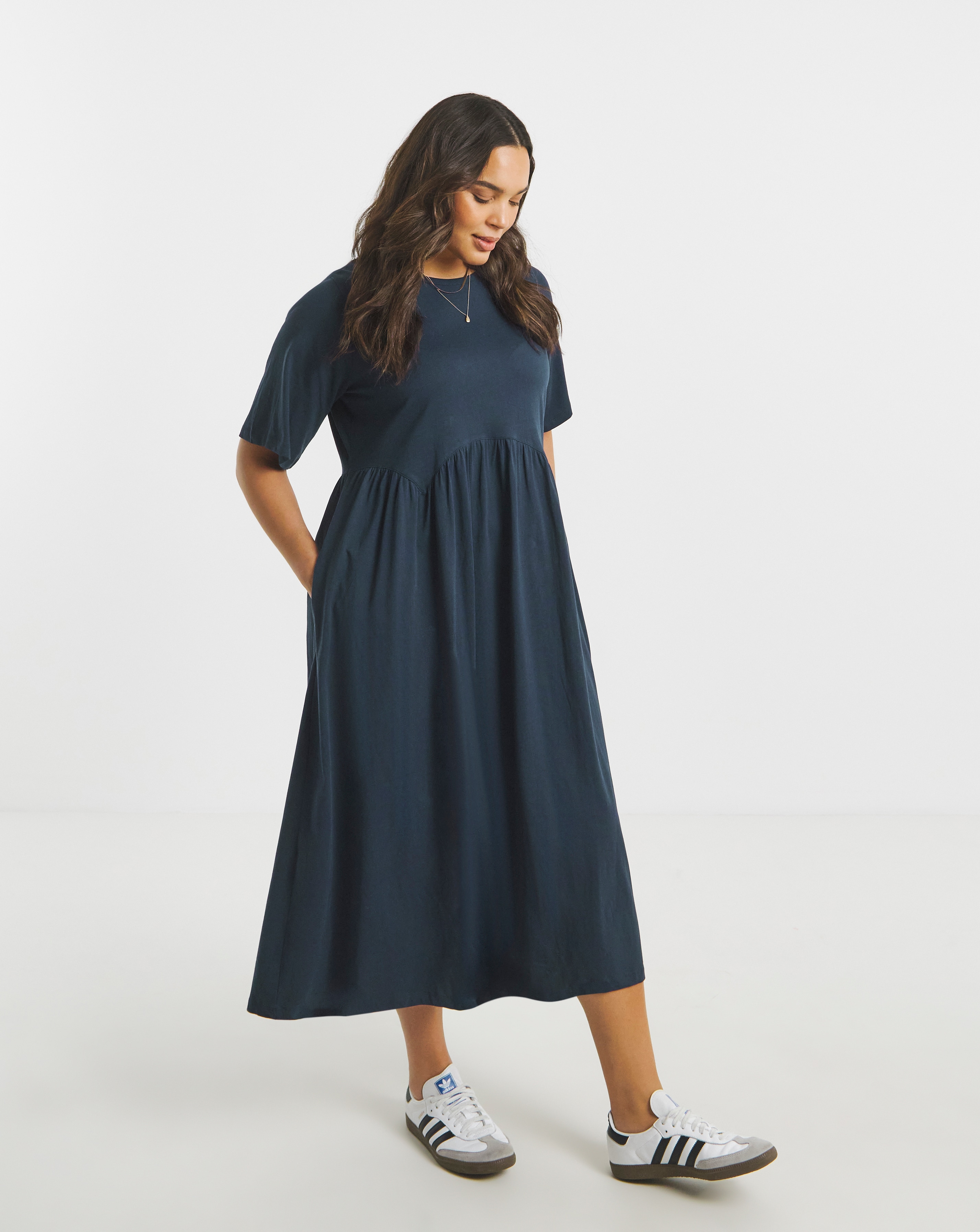 Navy Jersey Smock Midi Dress