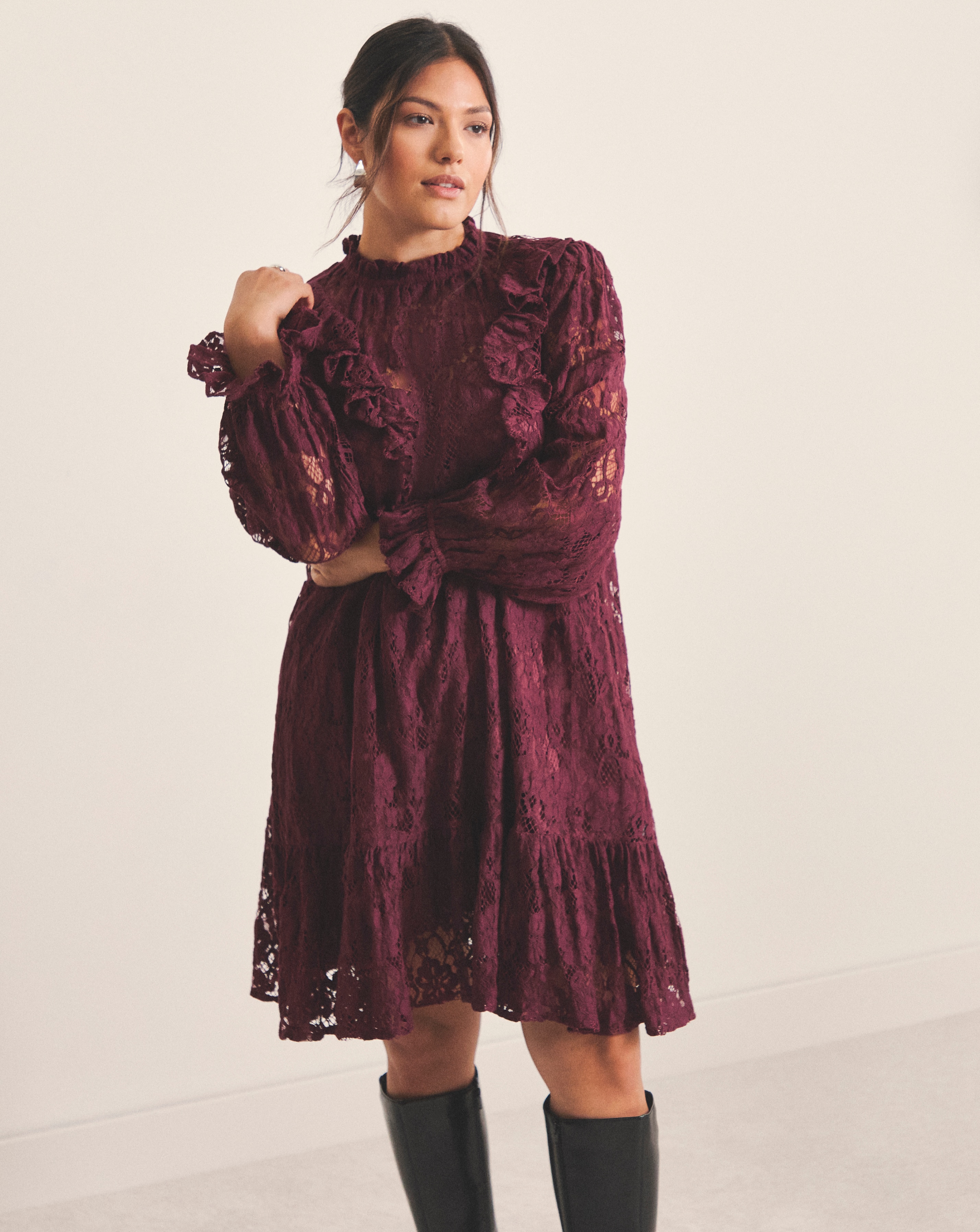 Burgundy Lace Ruffle Mini Dress