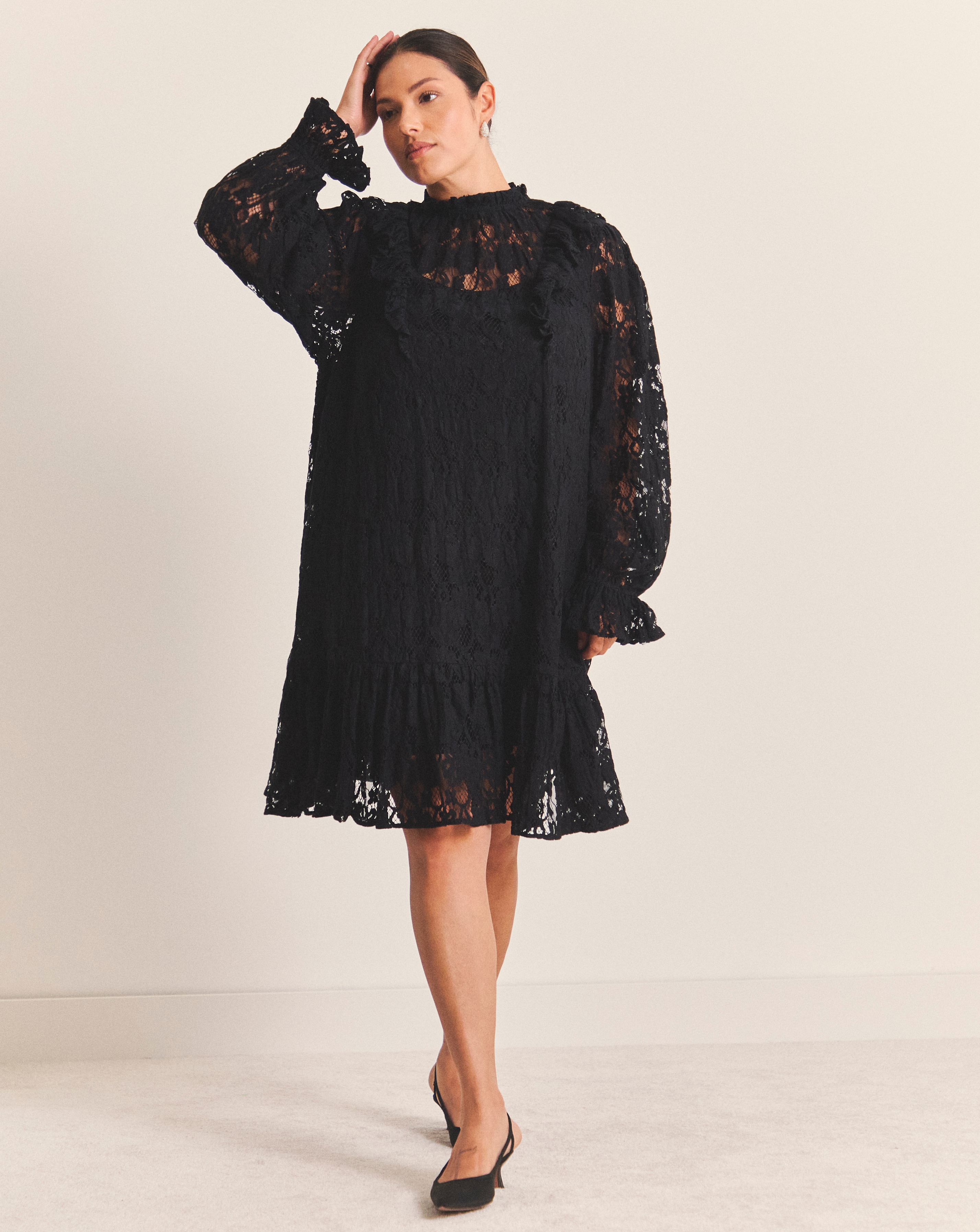 Black Lace Ruffle Mini Dress