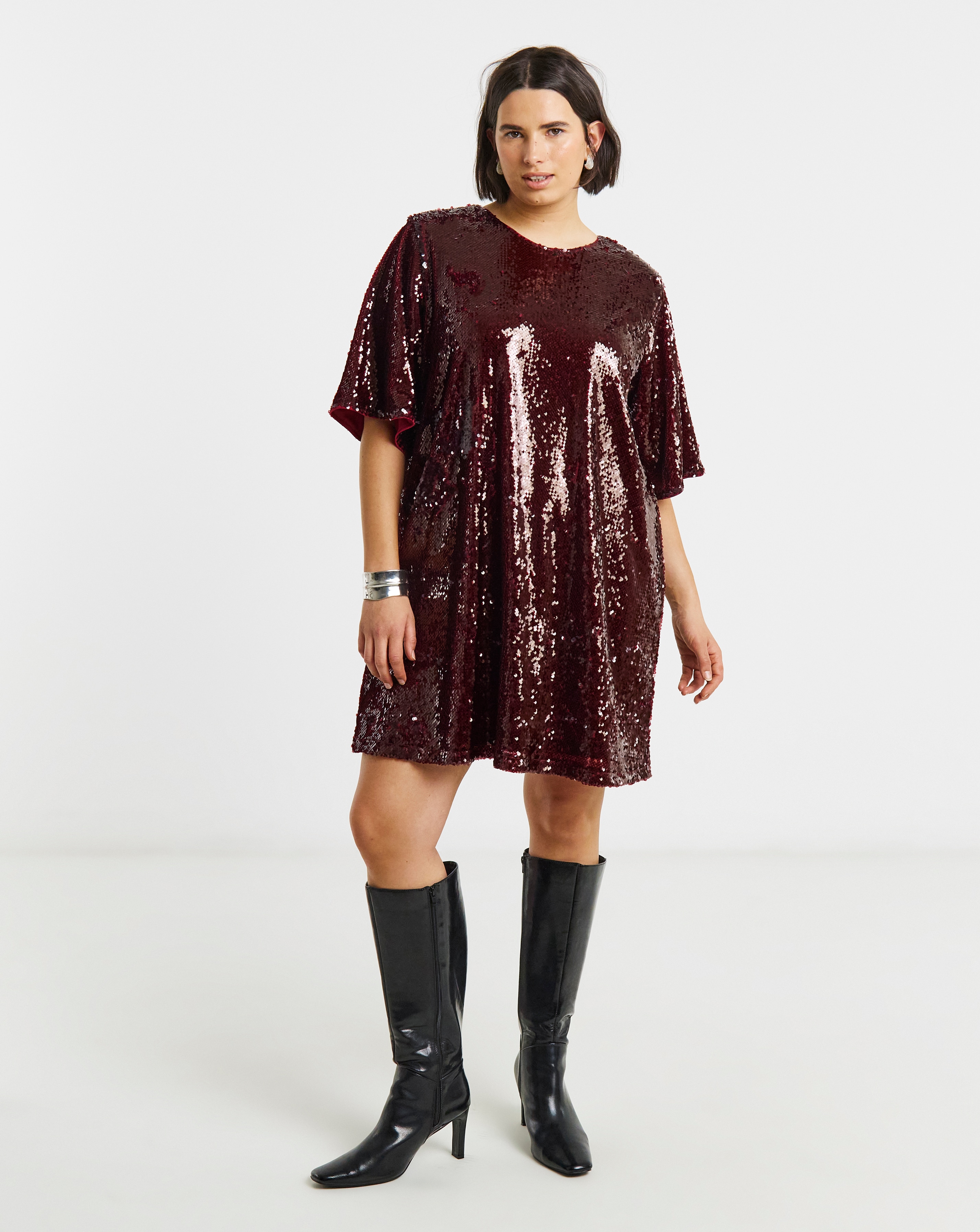 Burgundy Sequin T shirt Dress