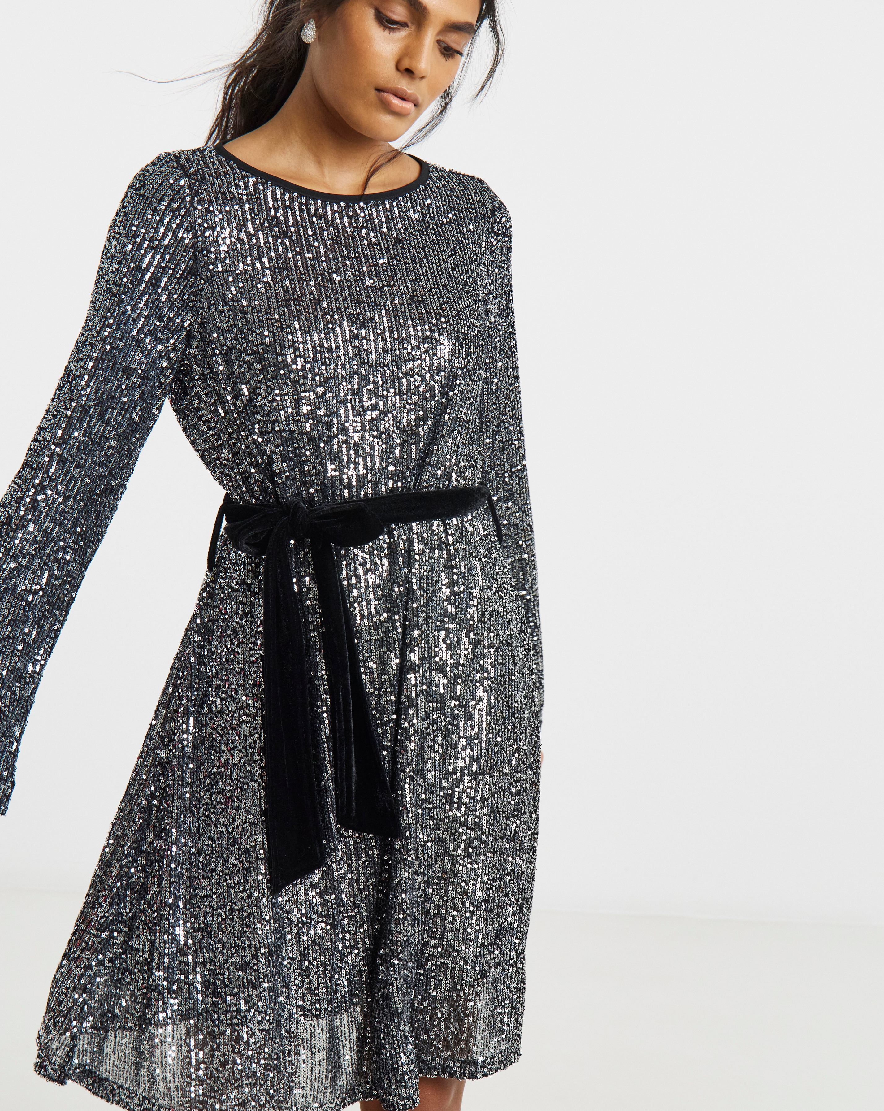 Silver Sequin Skater Dress With Belt