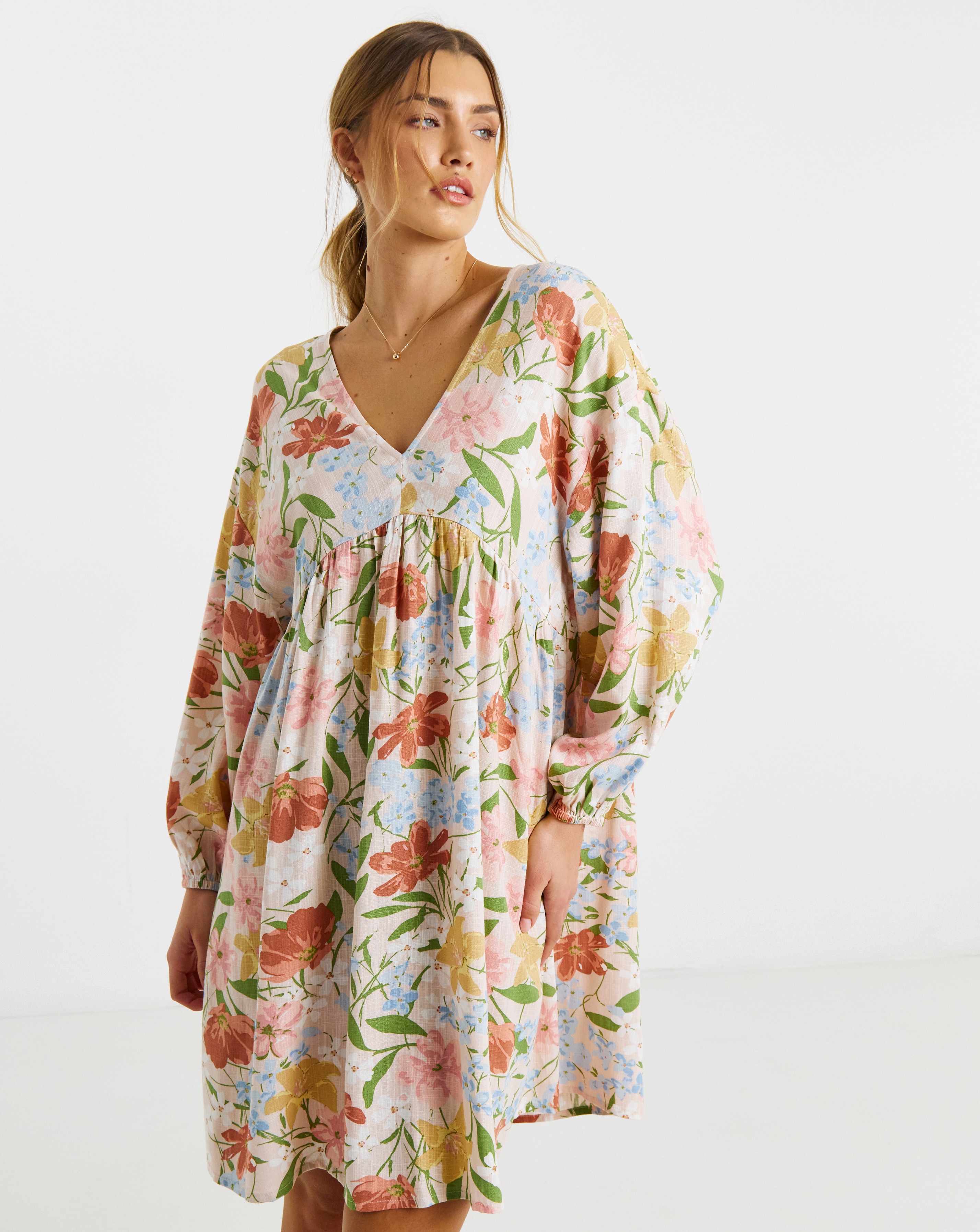 New In - Printed Linen Blend Smock Dress