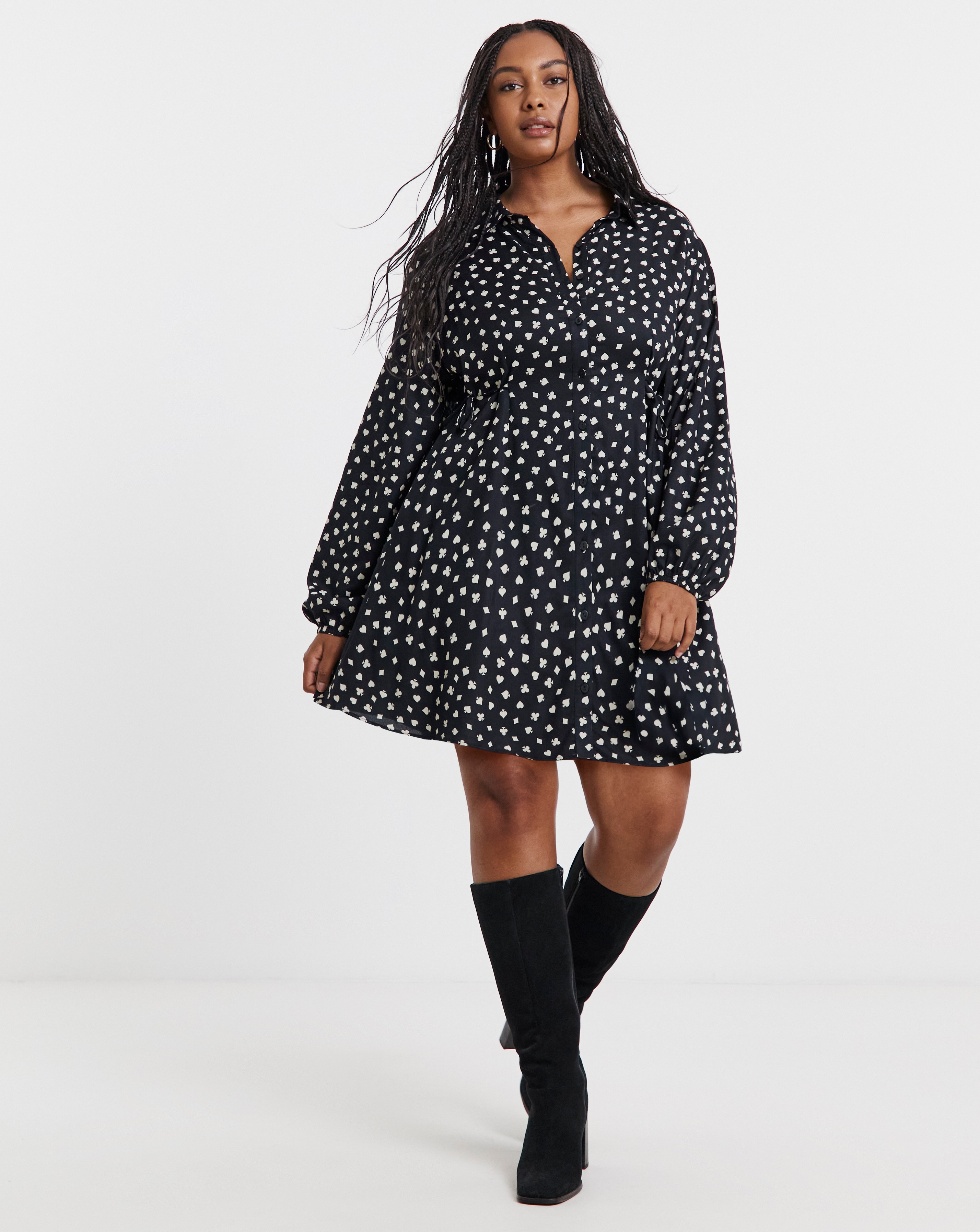 Black Print Shirt Dress With Cinch Waist