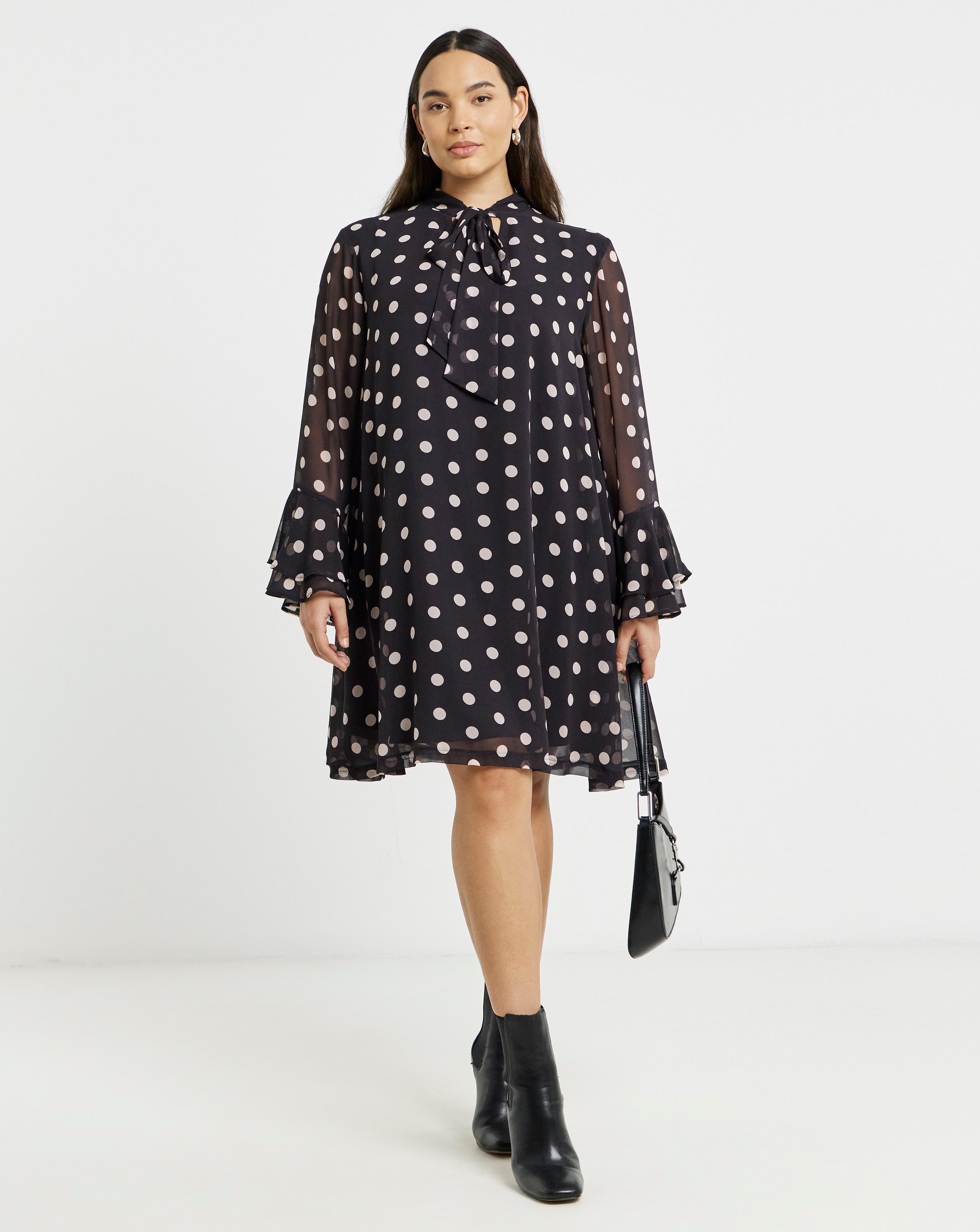 Spot Print Swing Dress With Tie Detail