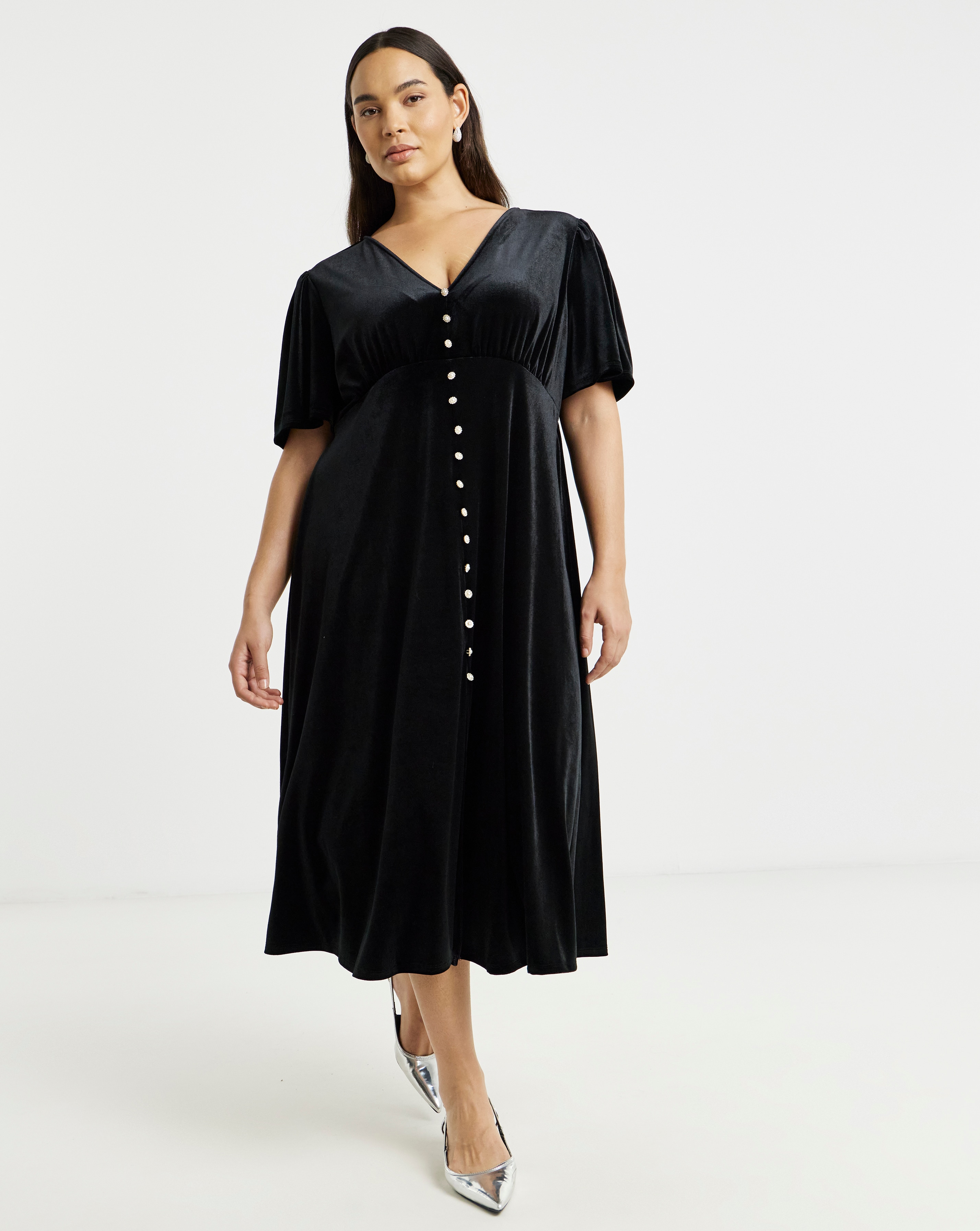 Black Velour Button Through Midaxi Dress