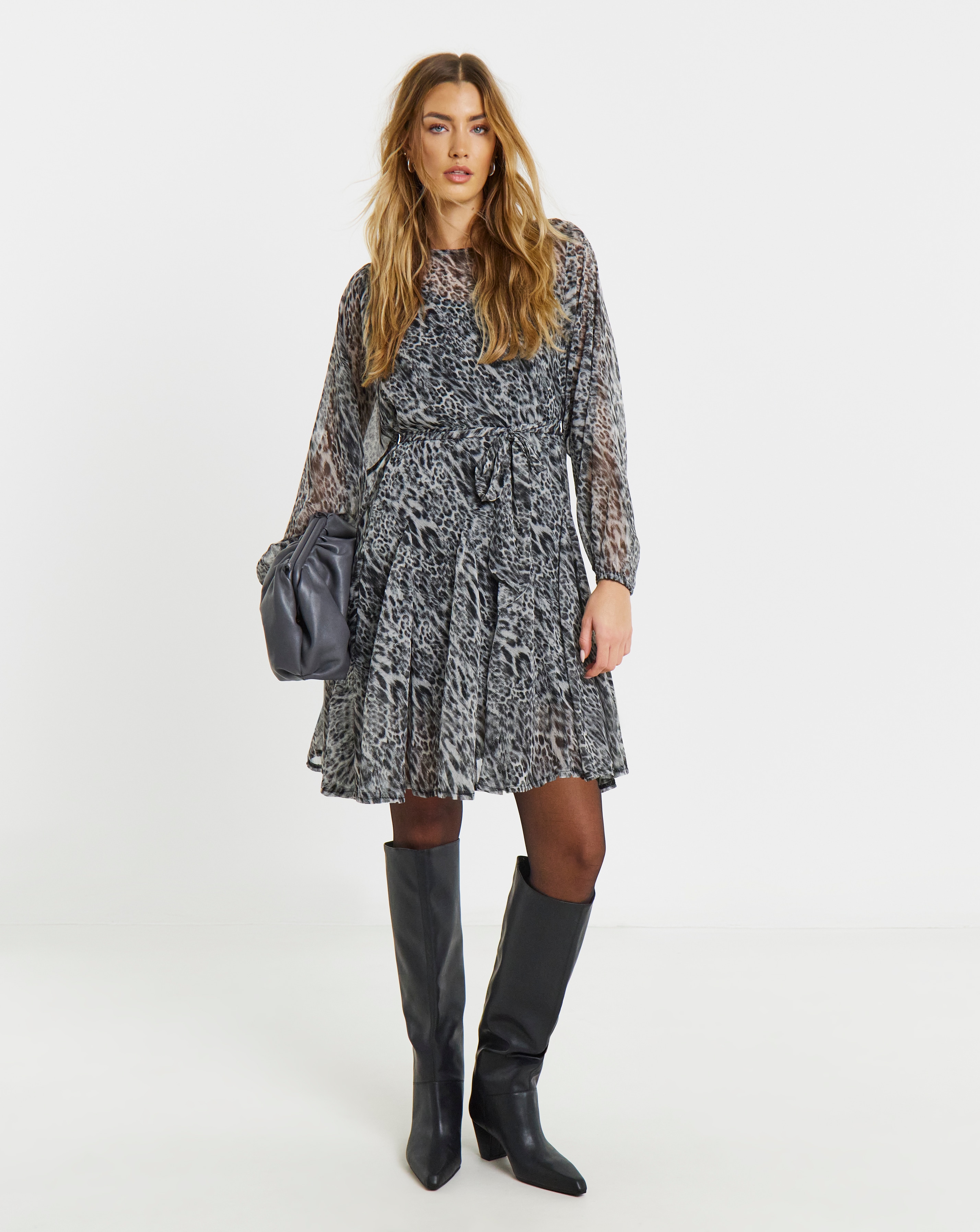 Grey Leopard Skater Dress With Godet