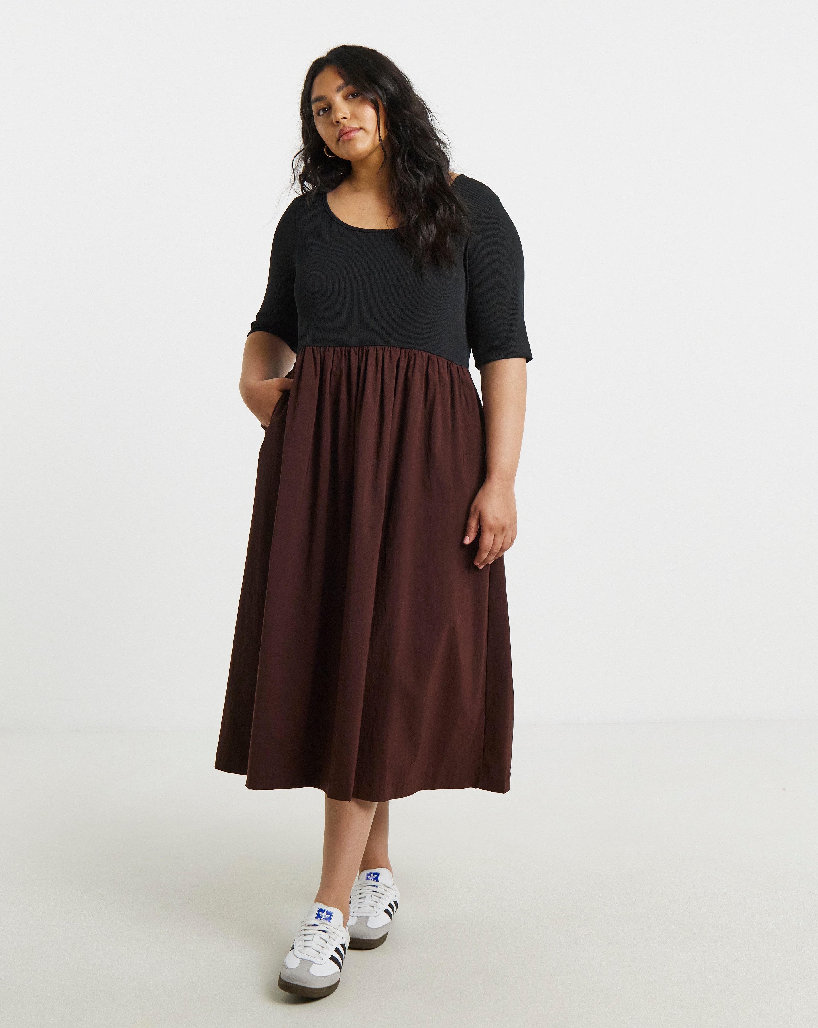 Jersey Woven Mix Midi Dress