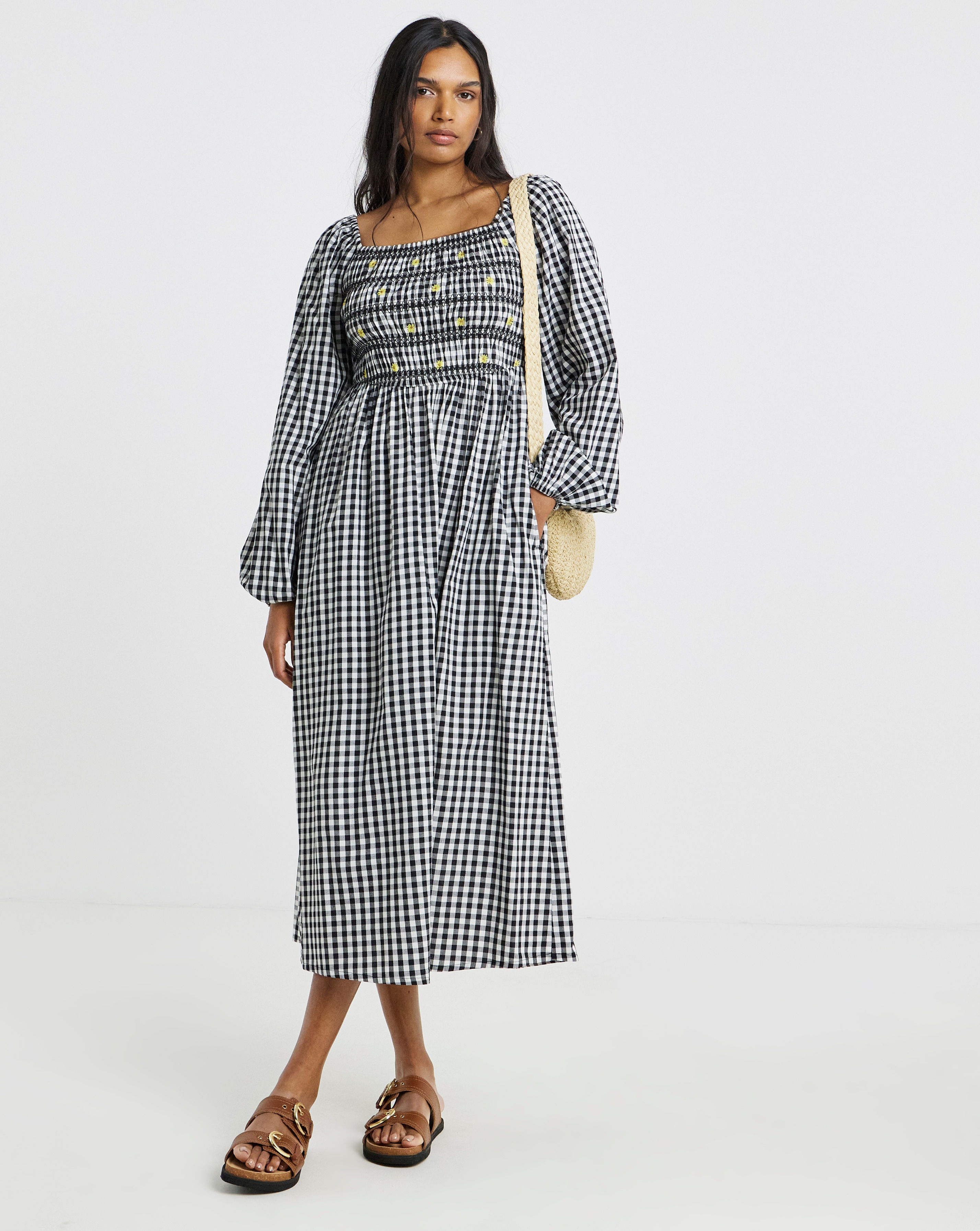 New In - Embroidered Gingham Midi Dress