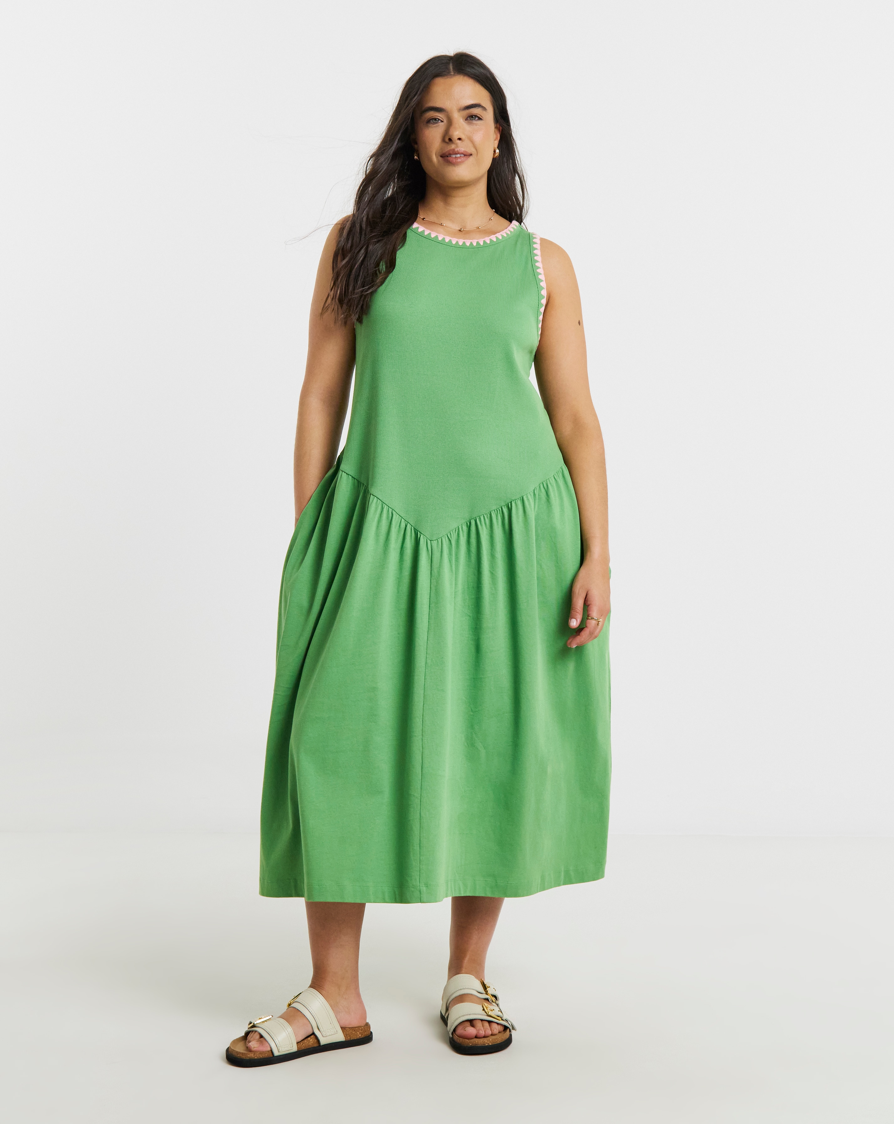 Jersey Mix Midi Dress With Whipstitch