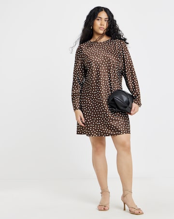 Chocolate And Blue Spot Print Satin Shift Dress