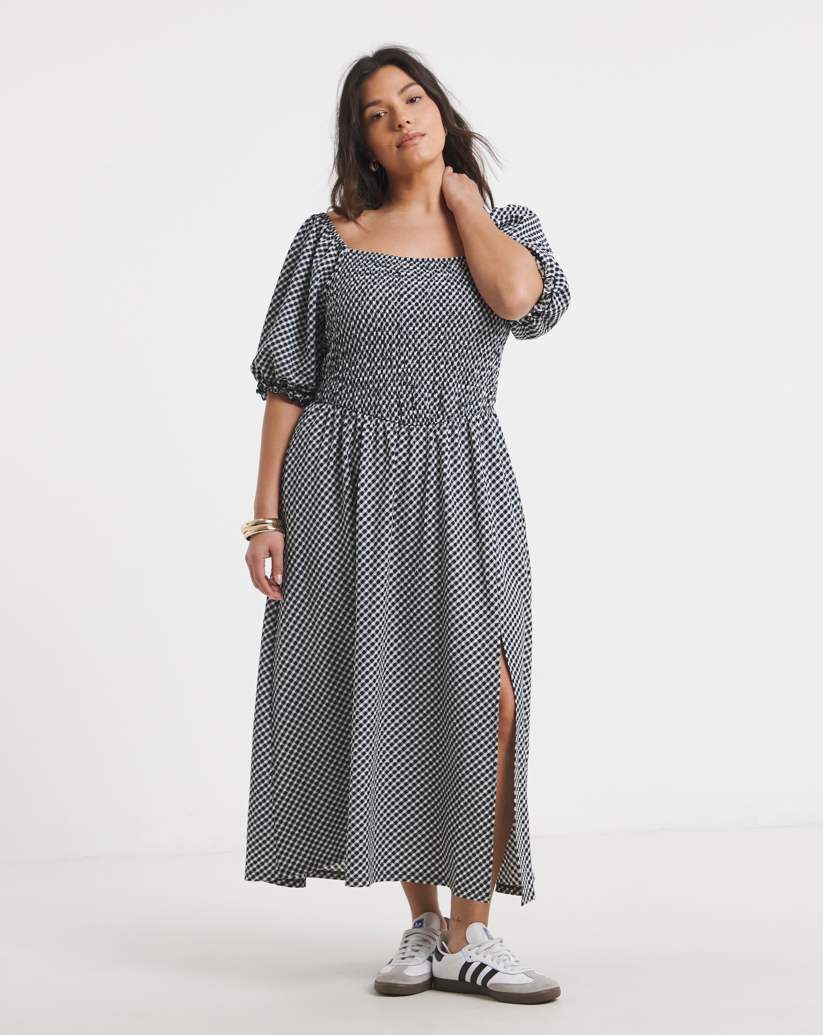 Waffle Shirred Midi Dress