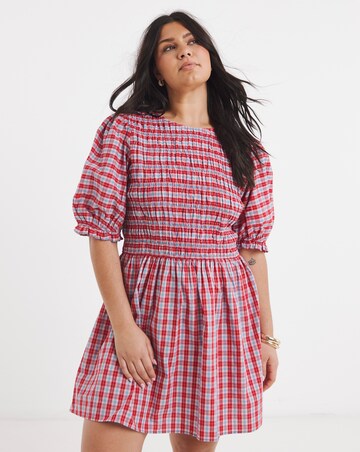 Shirred Check Smock Dress