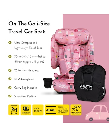 Cosatto On The Go i-Size Foldable Travel Car & Booster Seat - Itchy Feet Rosy
