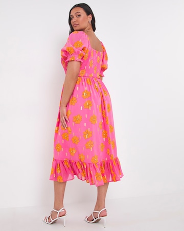 Pink Floral Foil Print Shirred Midi Dress With Puff Sleeves