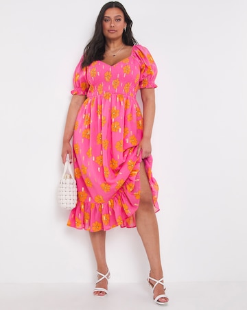 Pink Floral Foil Print Shirred Midi Dress With Puff Sleeves