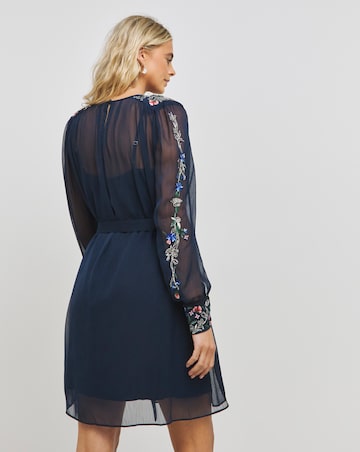 Hope & Ivy Embroidered Chiffon Belted 70's Mini Dress