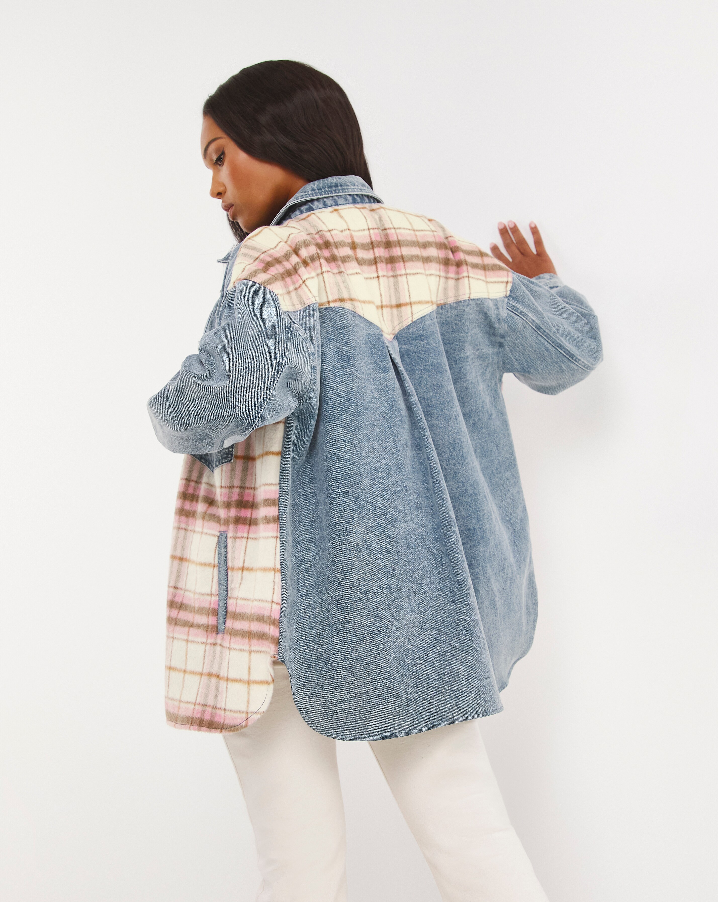 Sirius plaid deals mixed denim jacket