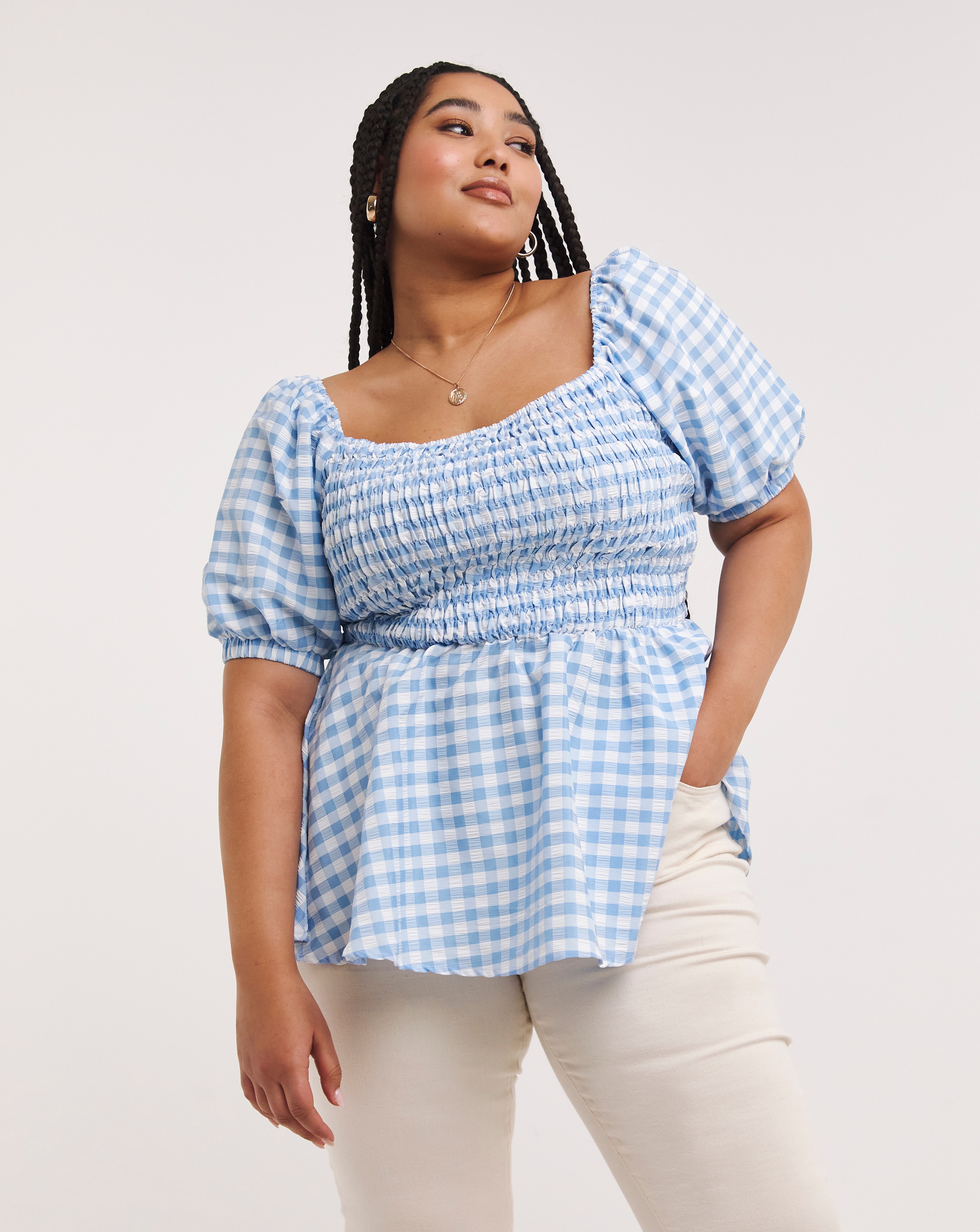 Gingham Puff Sleeve Shirred Peplum Top