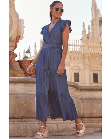 Sosandar Indigo Blue Ruffle Sleeve Tiered Hem Midi Dress