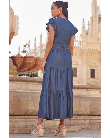 Sosandar Indigo Blue Ruffle Sleeve Tiered Hem Midi Dress