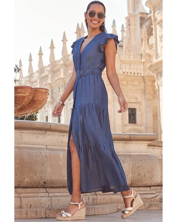 Sosandar Indigo Blue Ruffle Sleeve Tiered Hem Midi Dress