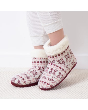 Totes toasties Ladies Fair Isle Knit Boot Slippers With Faux Fur Cuff