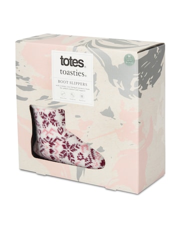 Totes toasties Ladies Fair Isle Knit Boot Slippers With Faux Fur Cuff