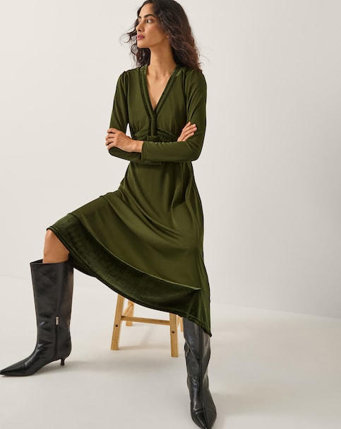 Monsoon Viv Velvet Trim Midi Dress
