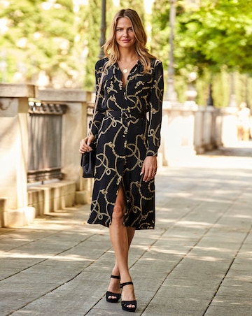 Sosandar Black & Gold Chain Print Belted Shirt Dress