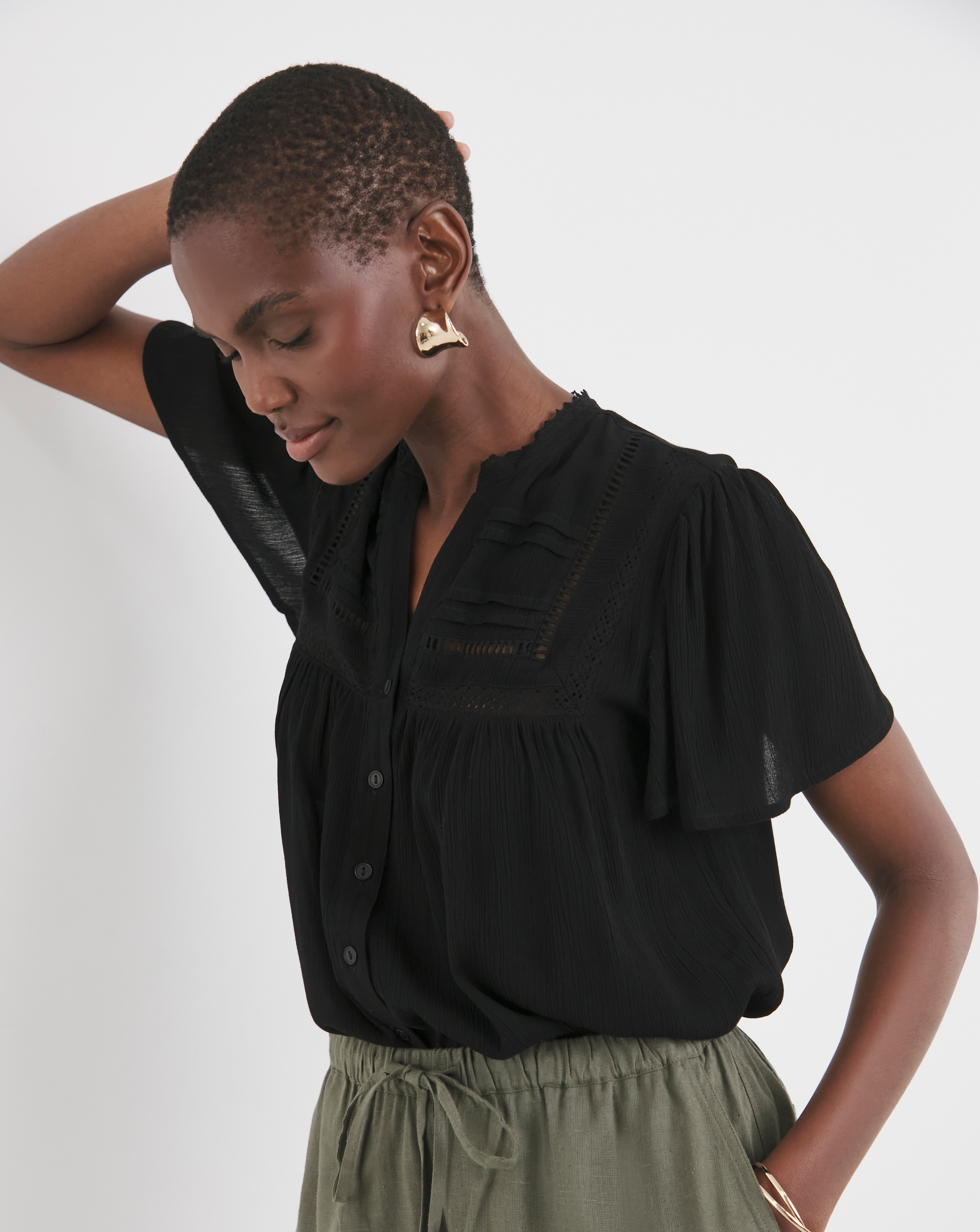 Textured Crinkle Ladder Insert Blouse