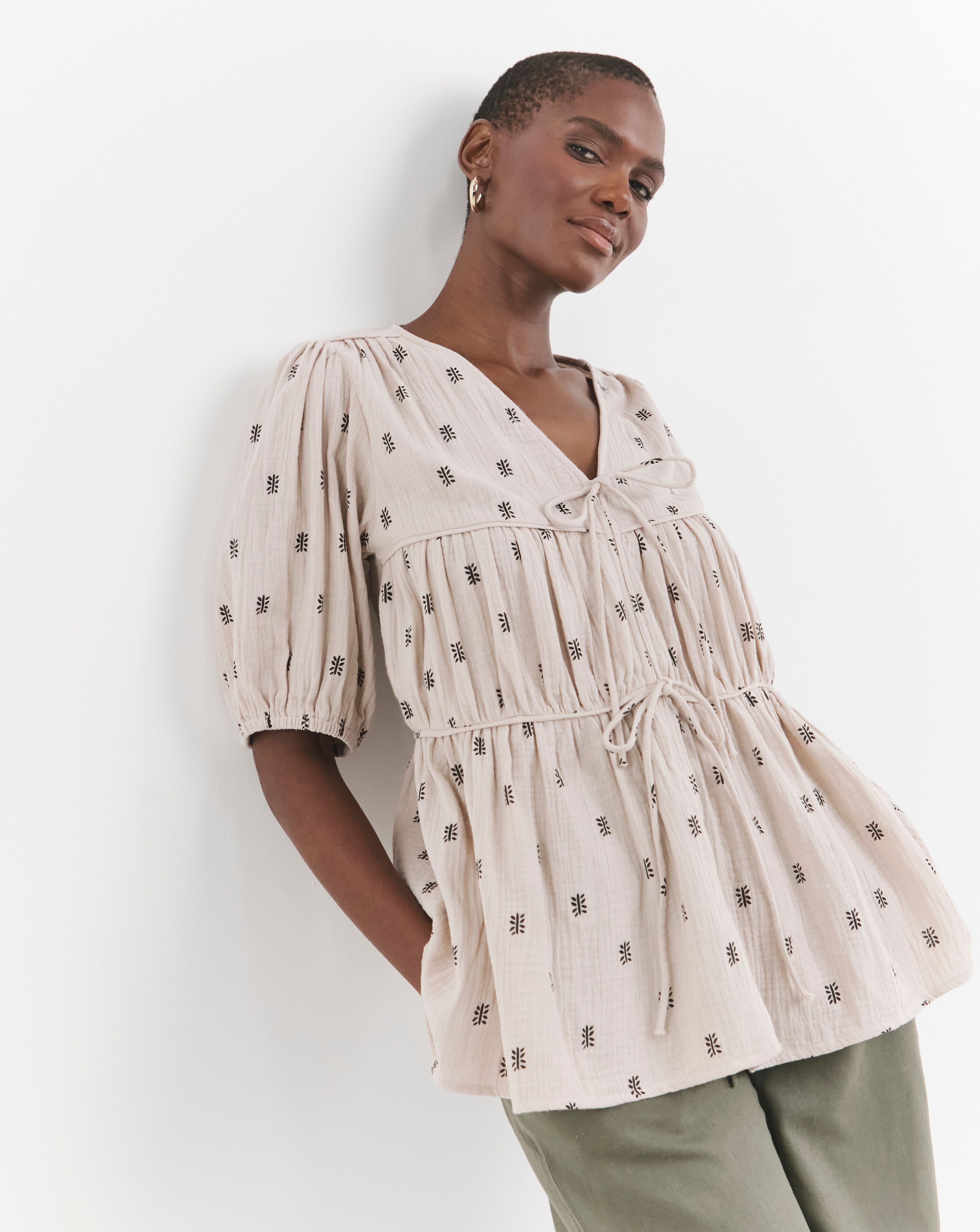 Printed Cotton Tie Front Top