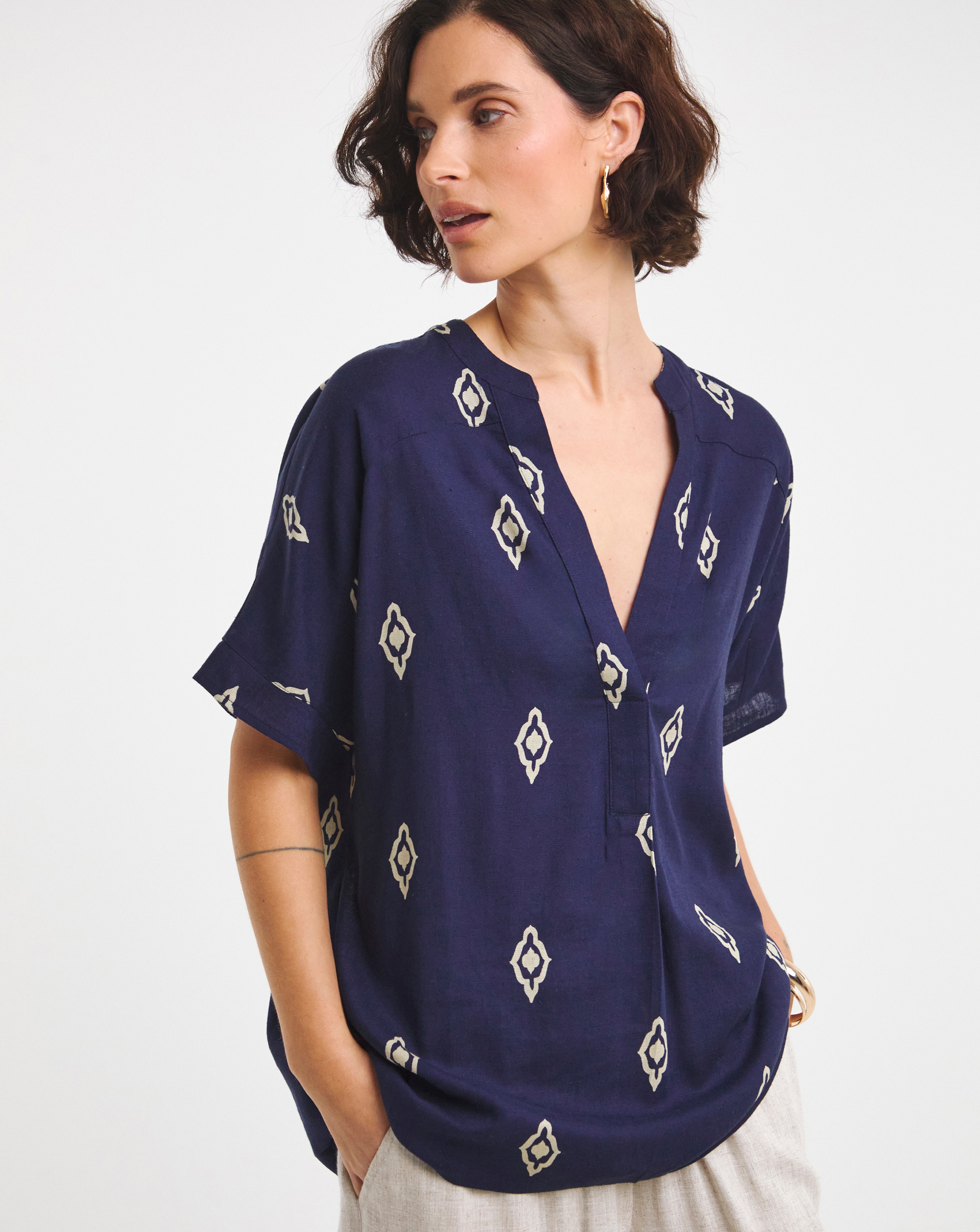 Printed Linen Mix Tunic Top