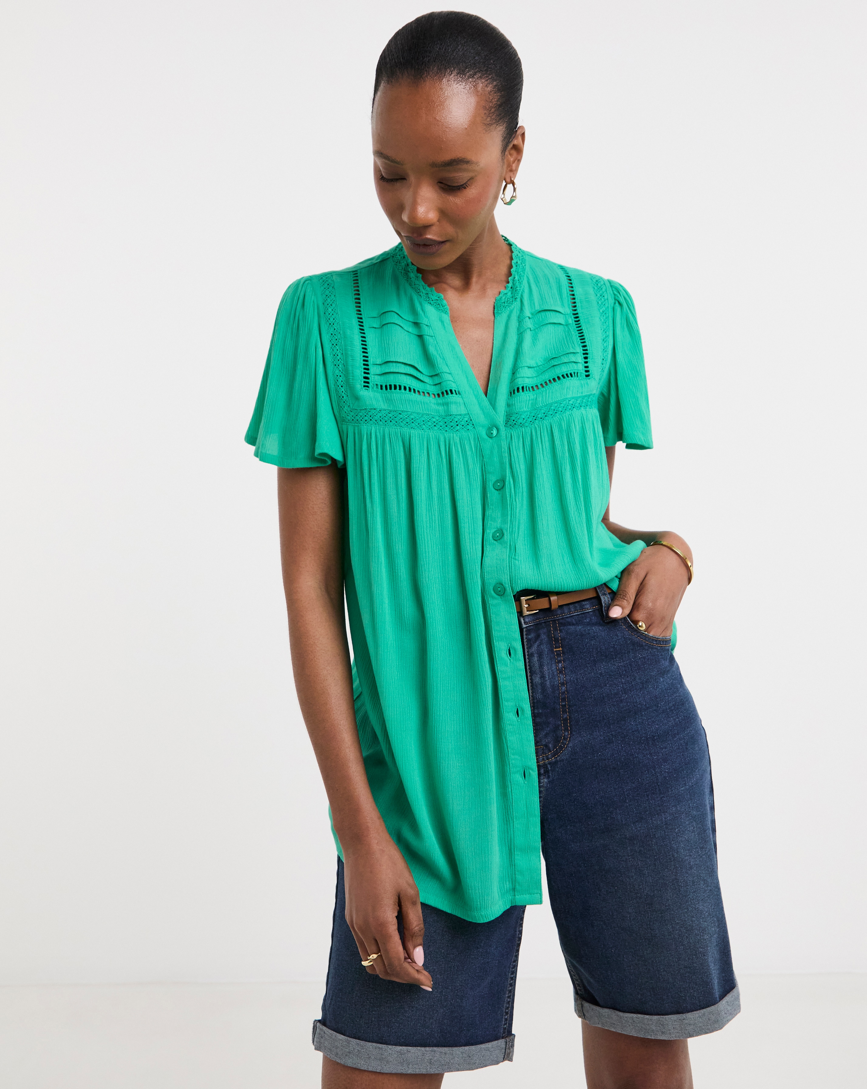 Textured Crinkle Ladder Insert Blouse