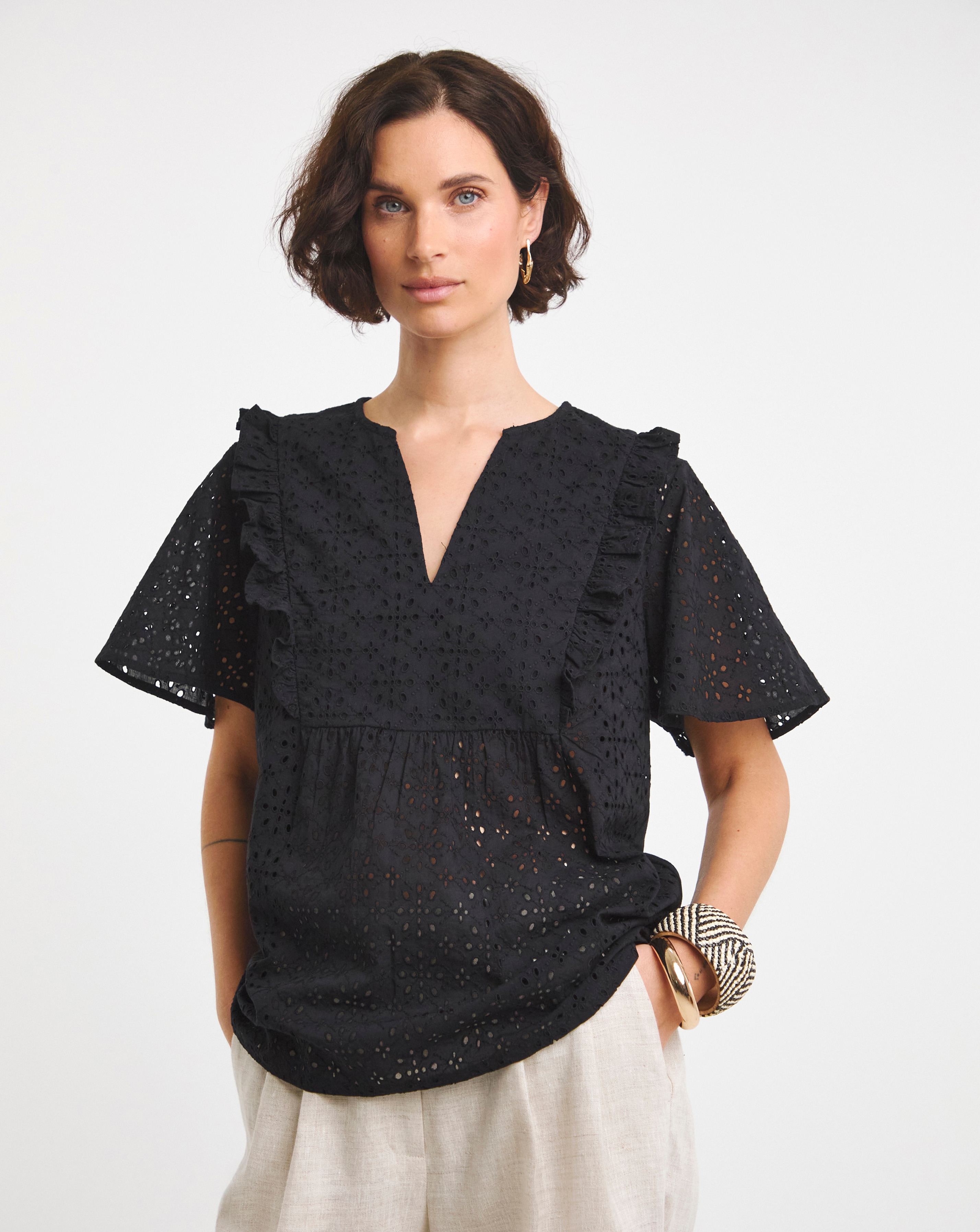Broderie Frill Jersey Back Top